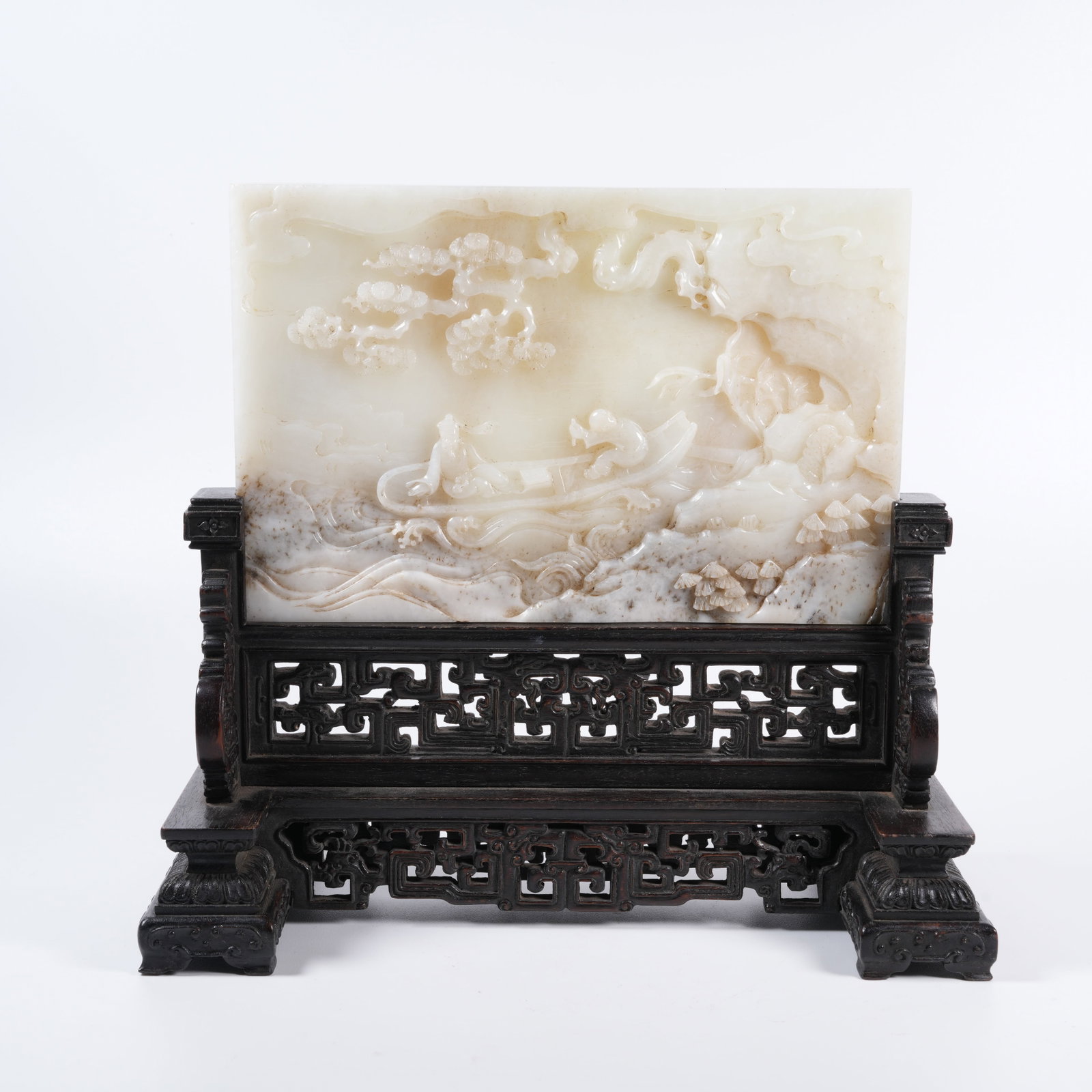 A RED SANDALWOOD SCREEN INLAID WITH HETIAN JADE CARVED WITH BOY RIDING RAFT PATTERN (1 of 9)