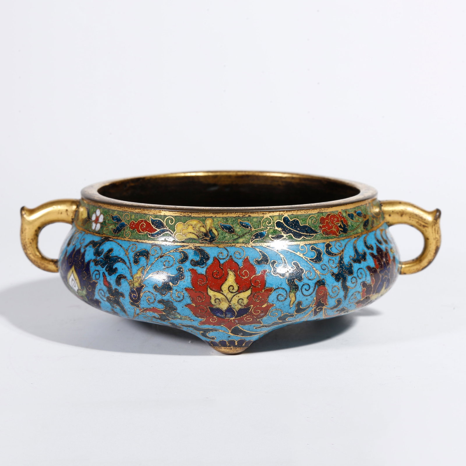 A CLOISONNÉ DOUBLE-EARED INCENSE BURNER WITH FLORAL PATTERN (1 of 9)