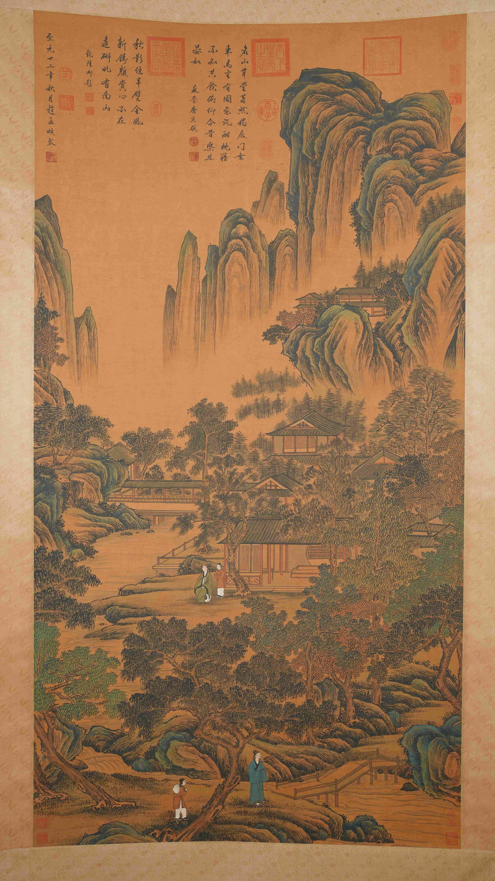 A GREEN MOUNTAIN VIEW PAINTING ON SILK BY ZHAO MENGFU.趙孟頫: Green Mountain View Painting on Silk by Zhao Mengfu.趙孟頫