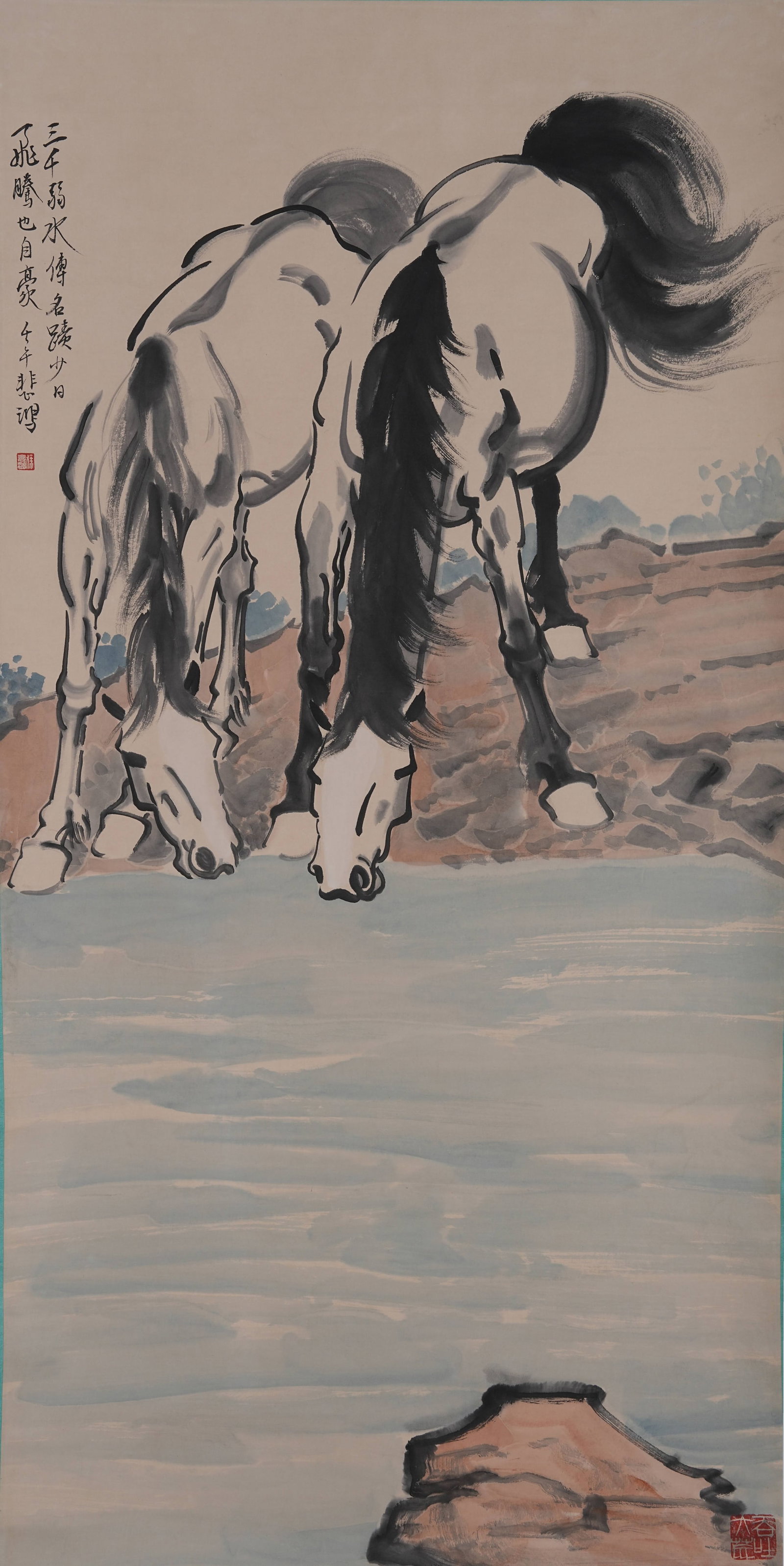 A TWIN HORSES PAINTING ON PAPER BY XU BEIHONG.徐悲鴻 (1 of 8)
