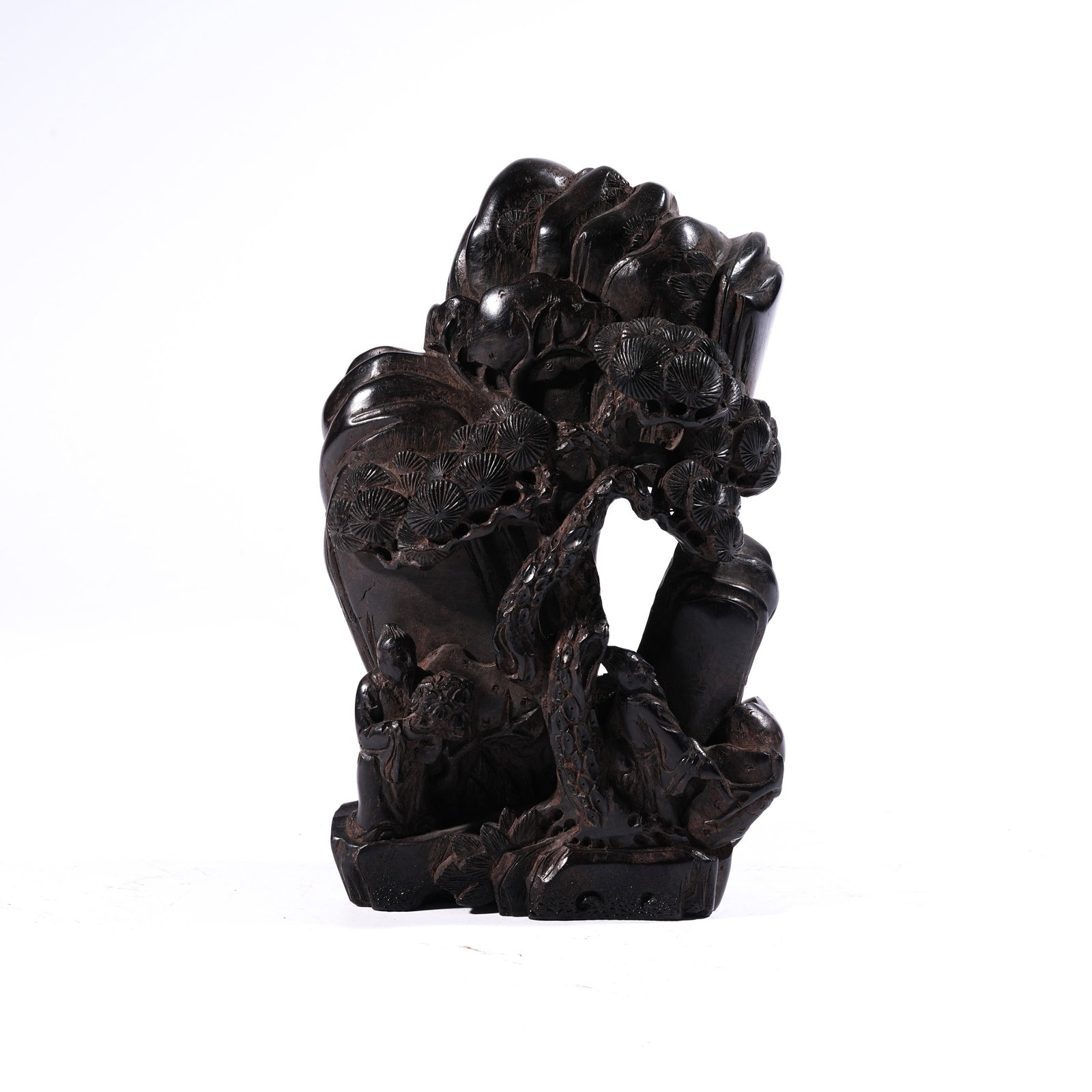 A MOUNTAIN-FORM ORNAMENT IN ZITAN WOOD WITH "LOFTY SCHOLAR BENEATH PINE" MOTIF: Mountain-Form Ornament in Zitan Wood with "Lofty Scholar beneath Pine" Motif