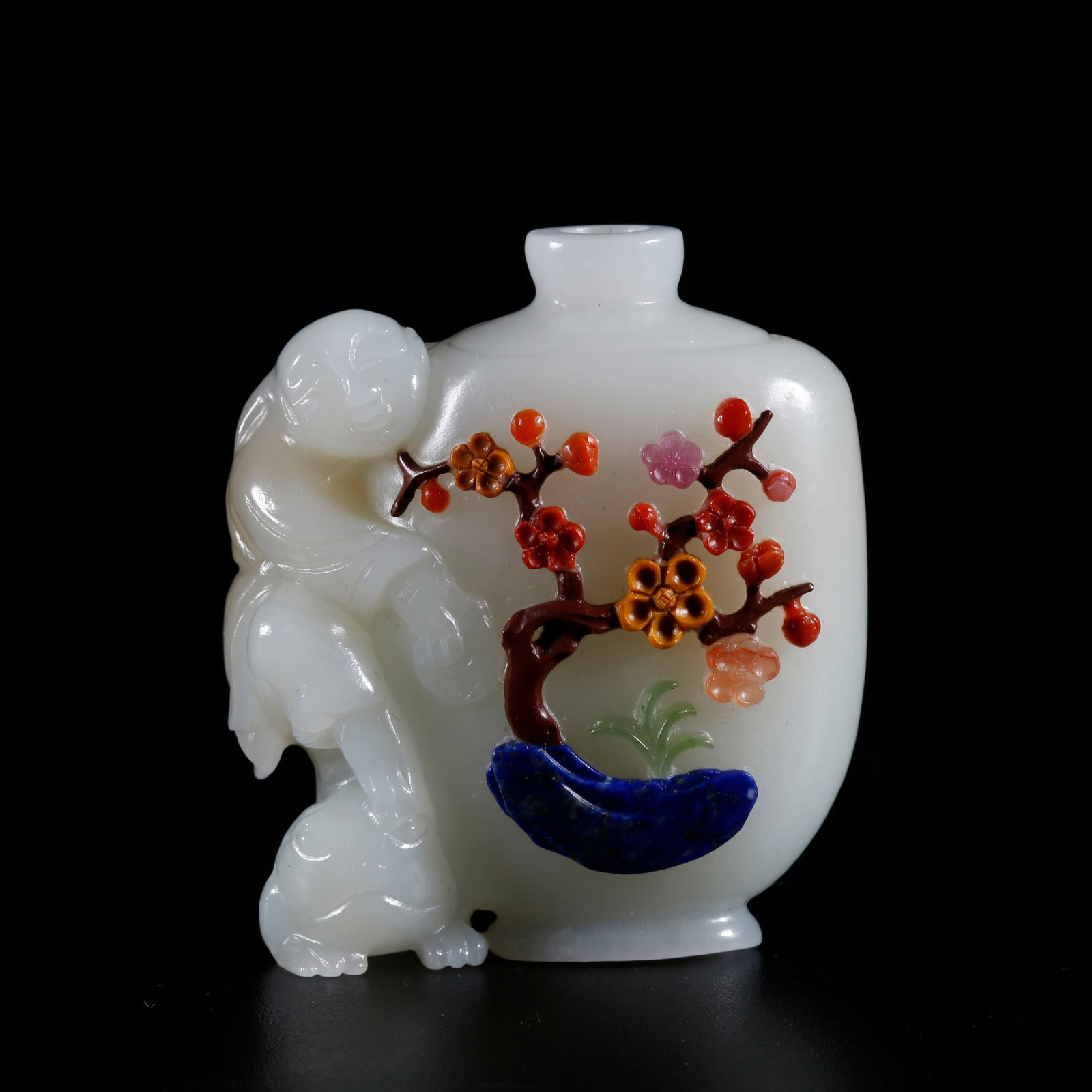 A HOTAN JADE CARVED TREASURE INLAID CHILD PATTERN SNUFF BOTTLE (1 of 10)