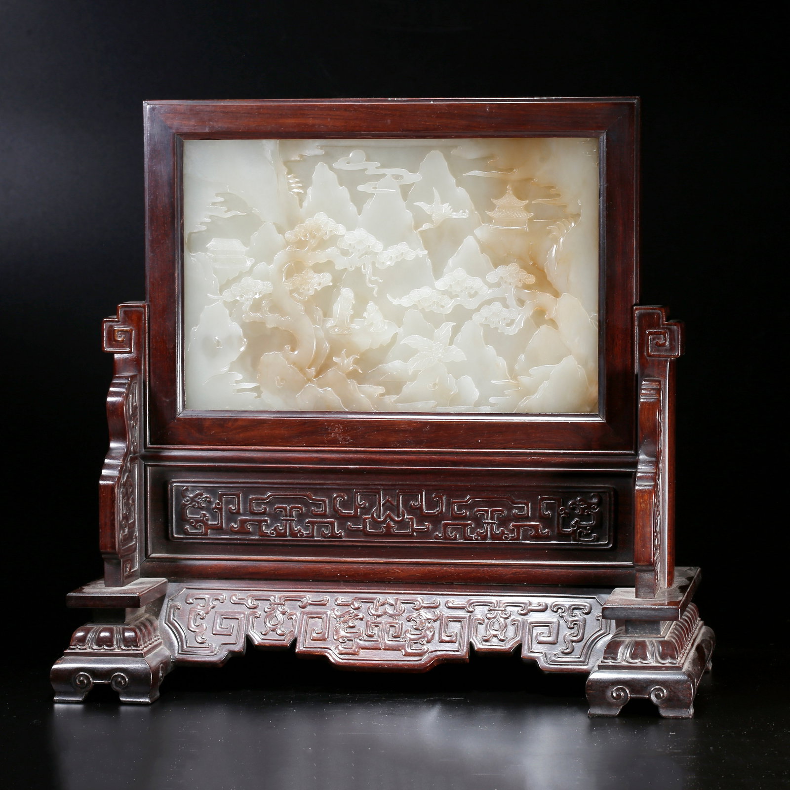 A RED SANDALWOOD INLAID HETIAN JADE SCREEN CARVED WITH LANDSCAPE AND FIGURE PATTERN (1 of 10)