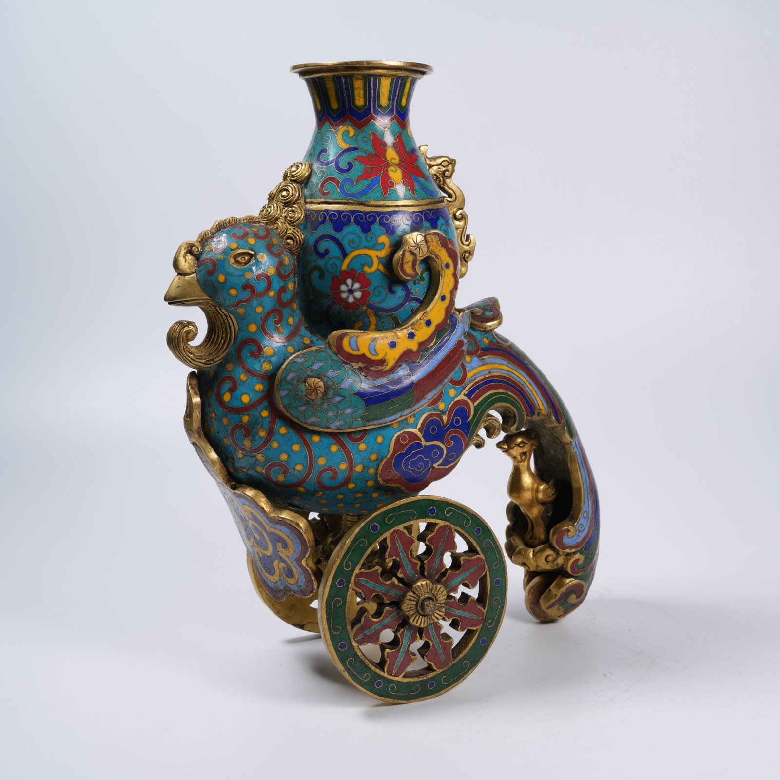 A CLOISONNÉ FLOWER VASE ORNAMENT SUPPORTED BY DIVINE PHOENIX (1 of 10)