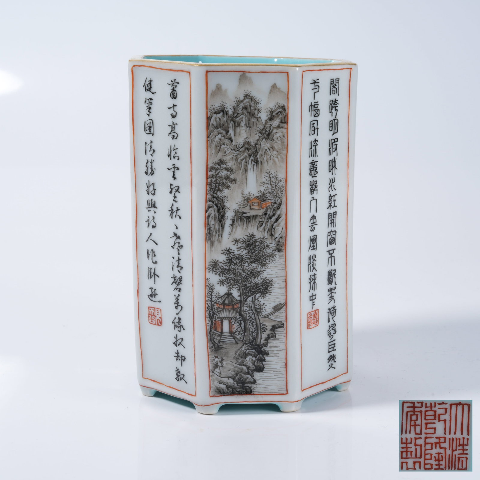 A INK AND IRON RED OCTAGONAL BRUSH POT WITH IMPERIAL POEM AND LANDSCAPE PATTERN (1 of 9)