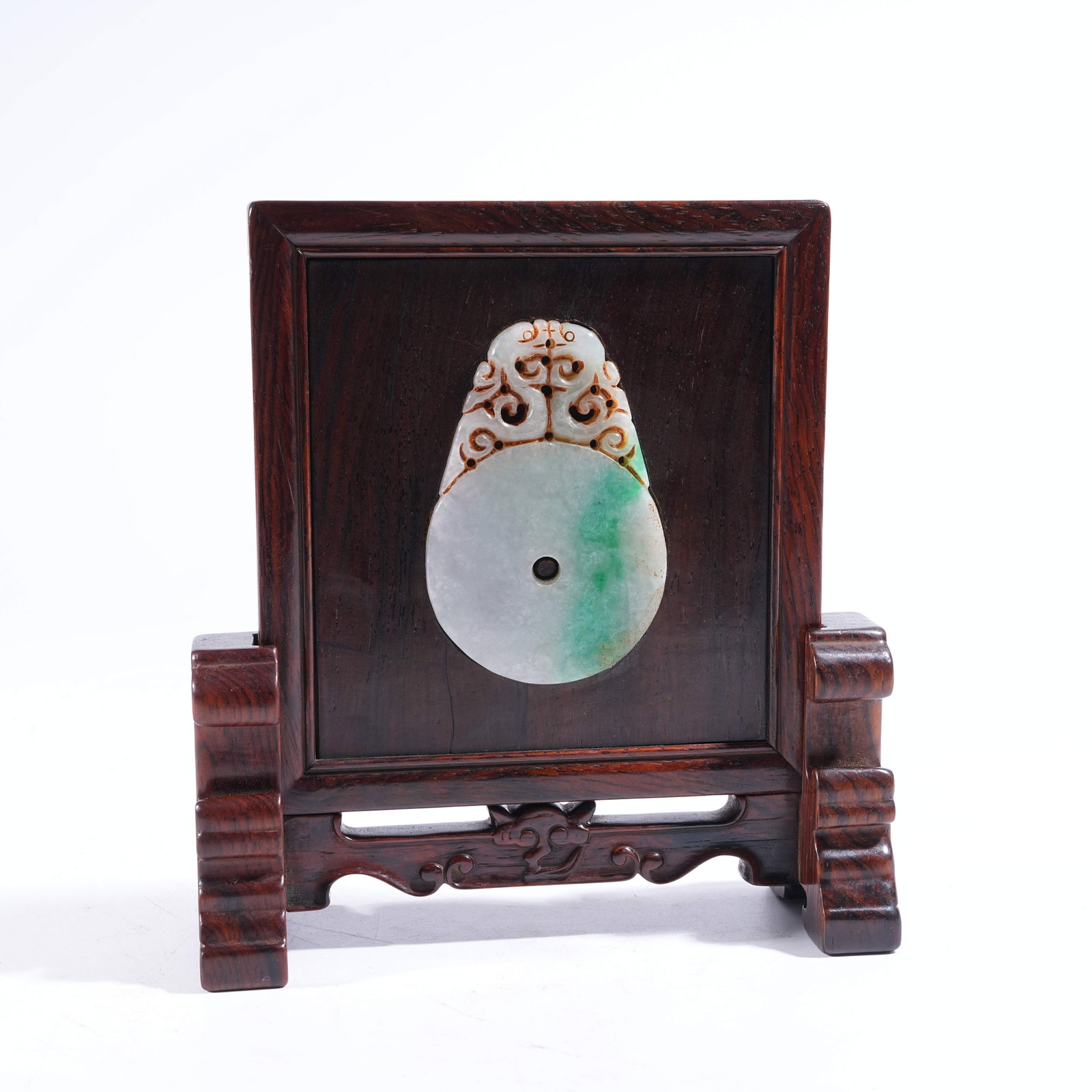 A TABLE SCREEN IN HUANGHUALI WOOD INLAID WITH JADE BI DISC (1 of 8)