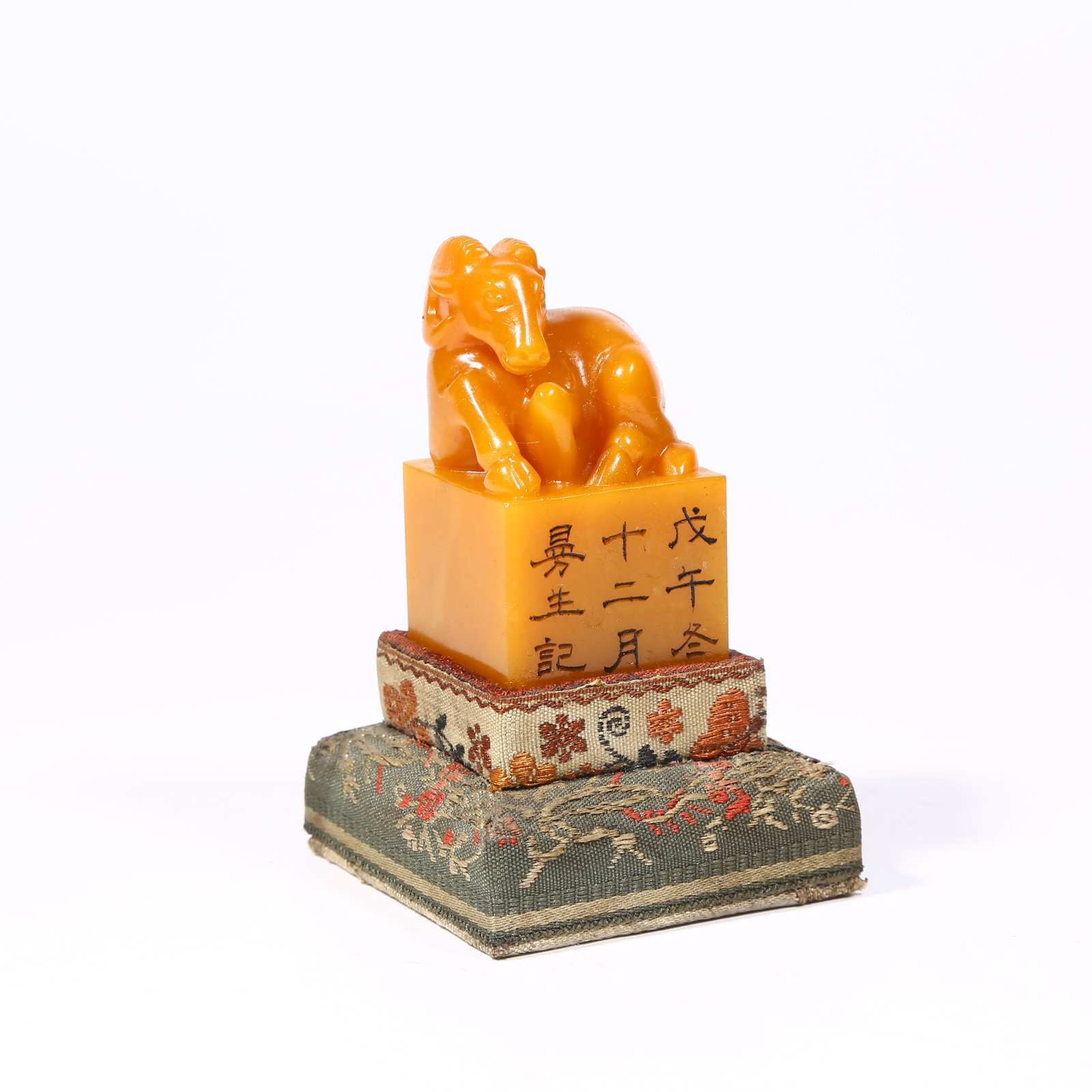 A SHOUSHAN TIANHUANG STONE SEAL WITH GOAT KNOB: Shoushan Tianhuang stone seal with goat knob