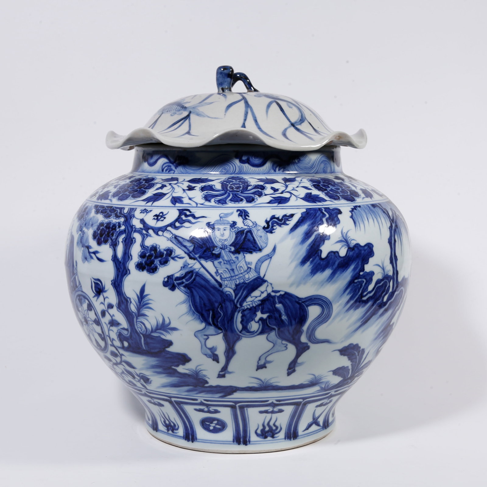 A BLUE AND WHITE LIDDED JAR WITH FIGURE STORY PATTERN (1 of 10)