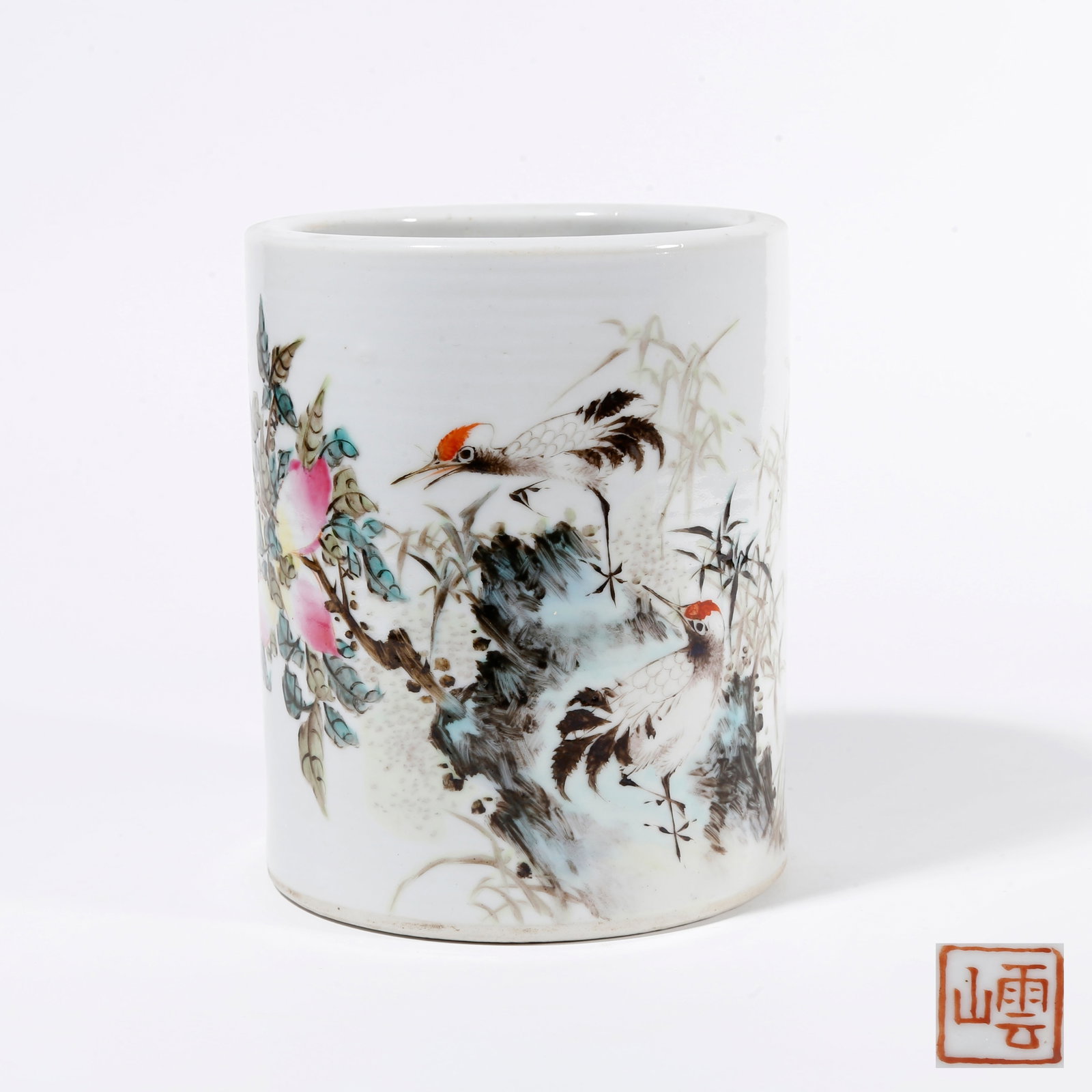 A FAMILLE ROSE BRUSH POT WITH PEACH AND CRANE PATTERN: Famille Rose Brush Pot with Peach and Crane Pattern. PROVENANCE: Highlight of this sale is part of the collection of K'ung Hsiang-Hsi (Kong Xiangxi, 孔祥熙, 1880-1967). Born in