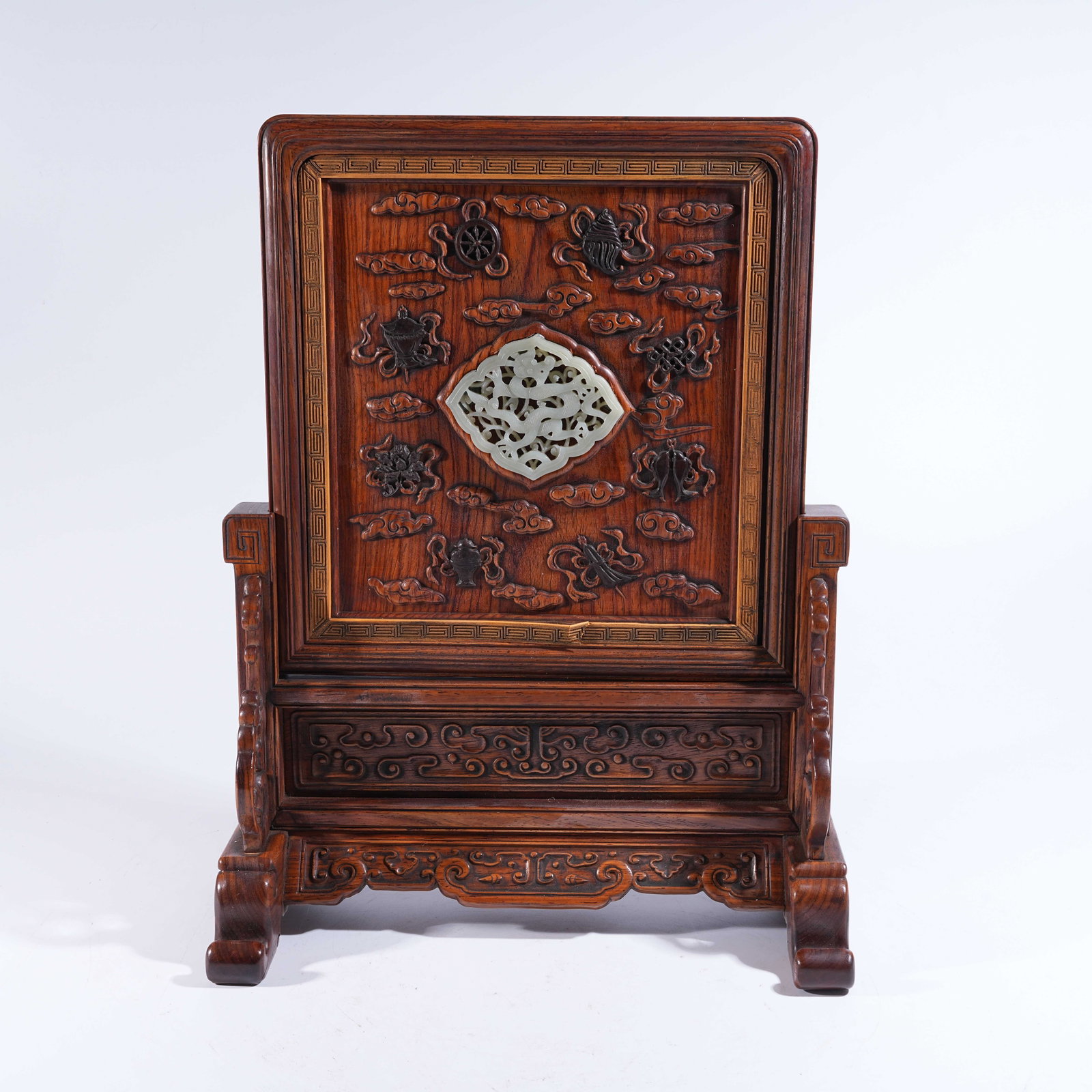 A TABLE SCREEN IN HUANGHUALI WOOD INLAID WITH HETIAN JADE, DECORATED WITH CLOUD-AND-DRAGON MOTIF (1 of 9)