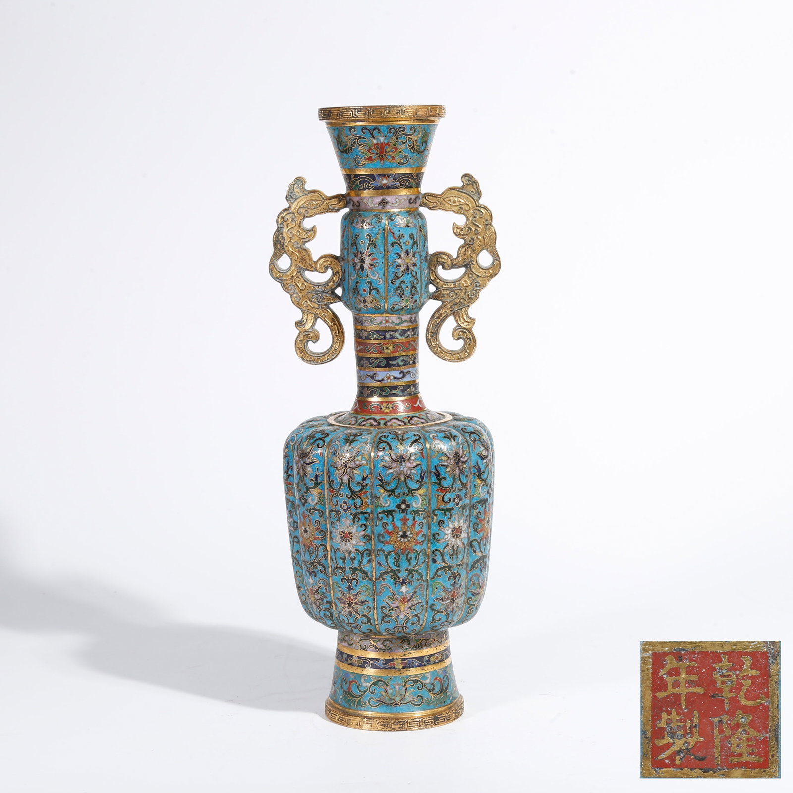A CLOISONNÉ MELON-RIBBED VASE WITH DOUBLE BEAST EARS (1 of 9)