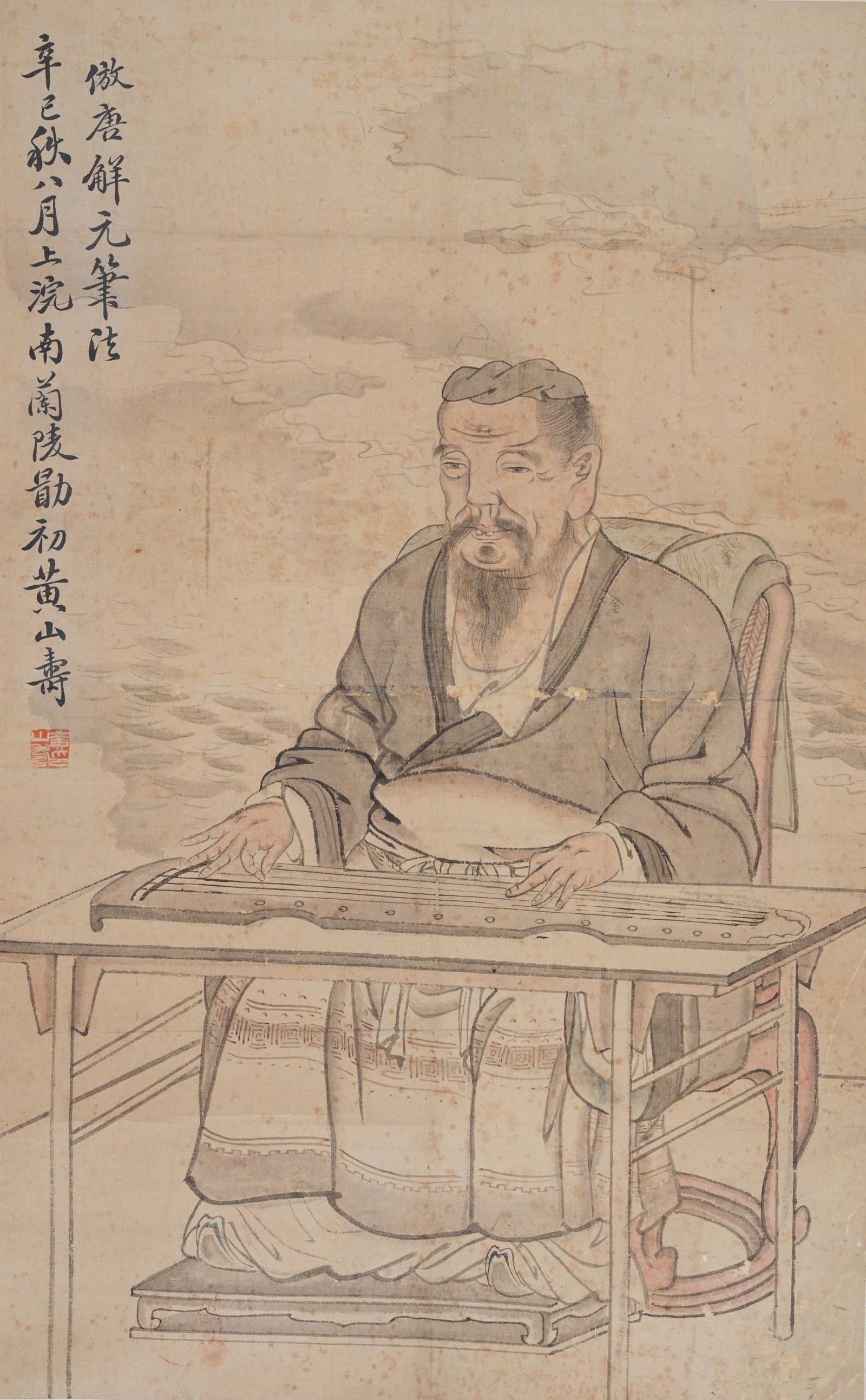 A FIGURE PAINTING ON PAPER MOUNTED AS CENTRAL PANEL BY HUANG SHANSHOU.黃山壽 (1 of 8)