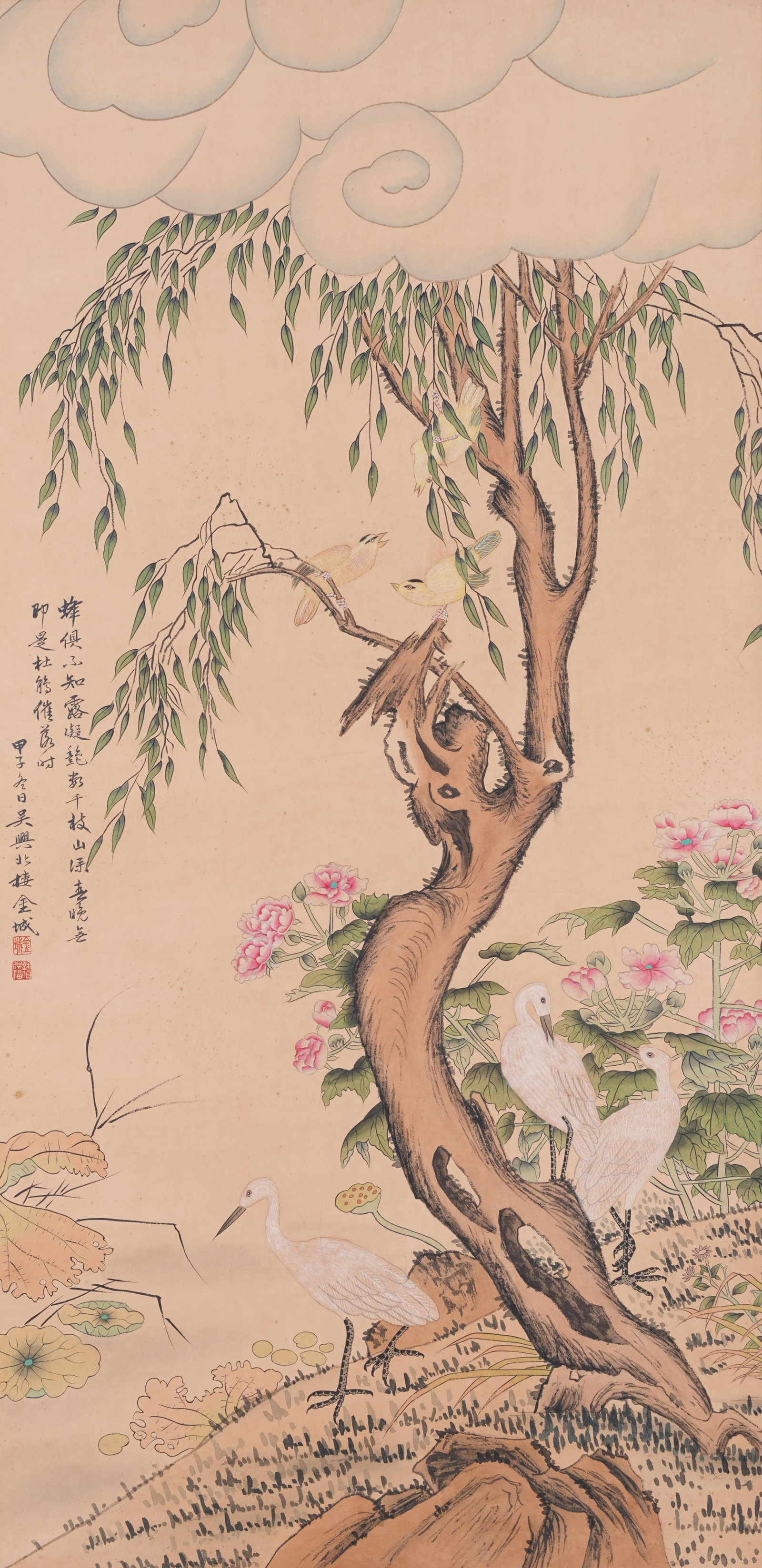 A FLOWER AND BIRD PAINTING ON PAPER BY JIN CHENG.金城: Flower and Bird Painting on Paper by Jin Cheng.金城