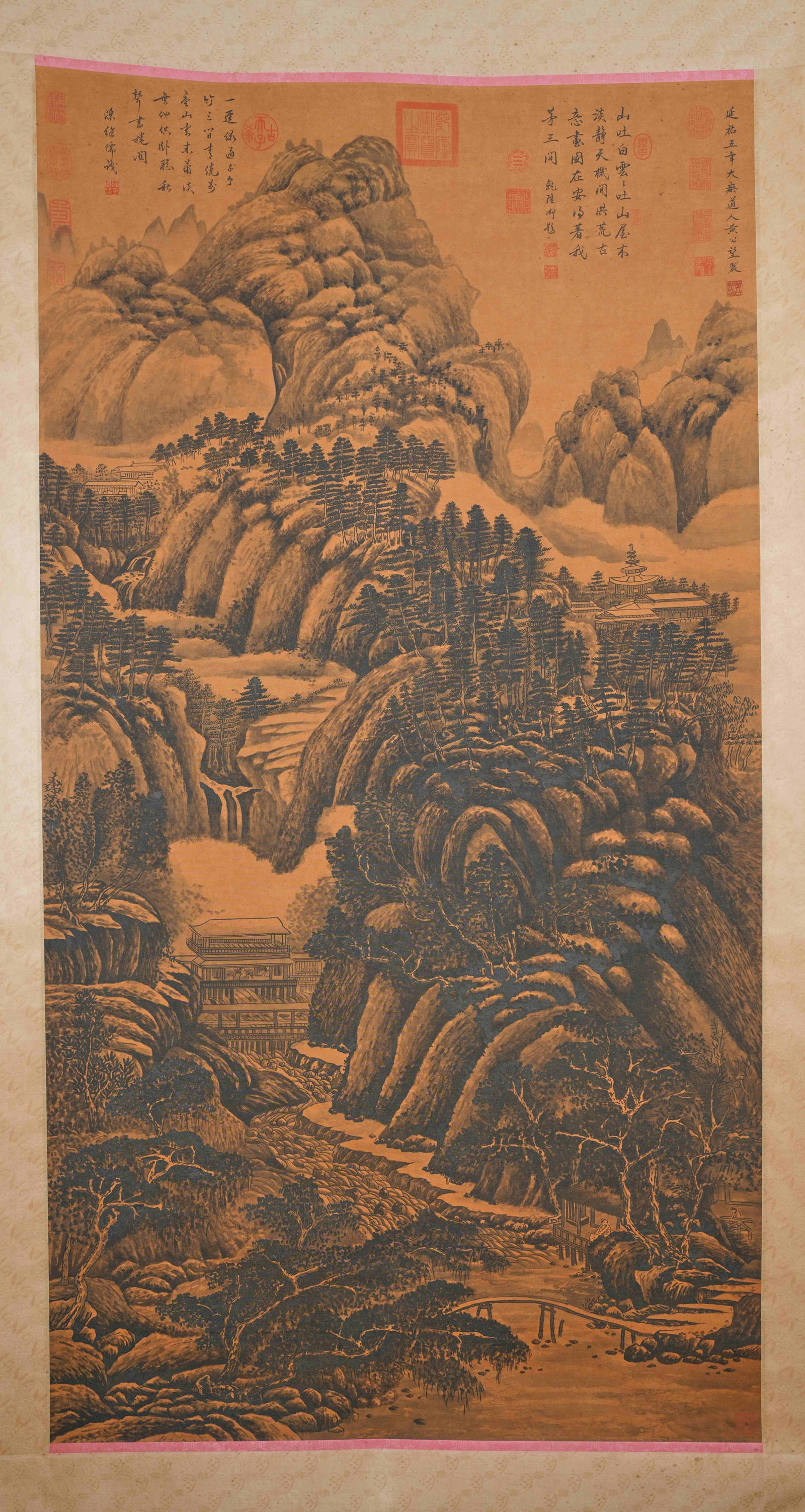 A STREAM MOUNTAIN AND GREEN PAVILION PAINTING ON SILK BY HUANG GONGWANG.黃公望: Stream Mountain and Green Pavilion Painting on Silk by Huang Gongwang.黃公望