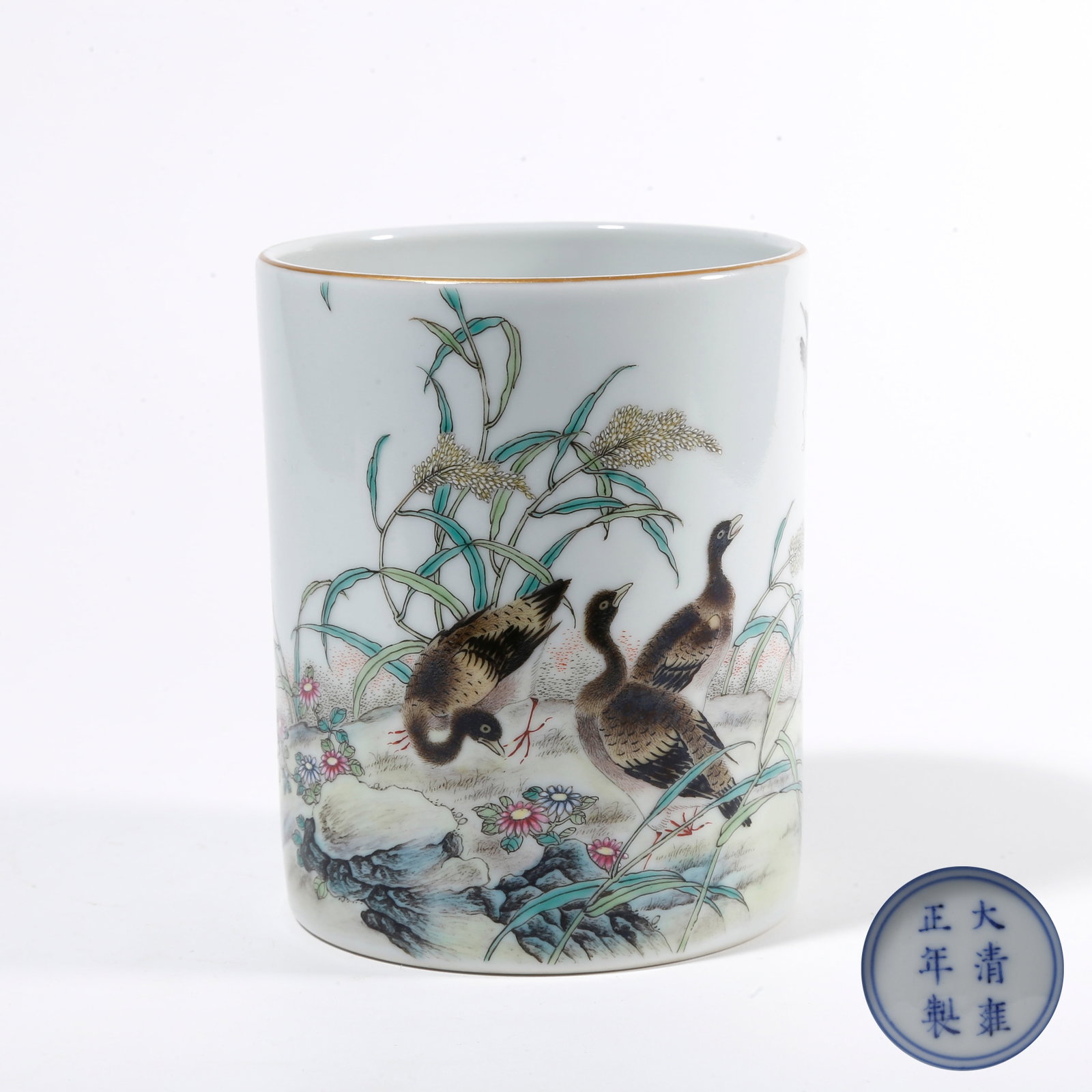A FAMILLE ROSE BRUSH POT WITH BEAST PATTERN (1 of 9)