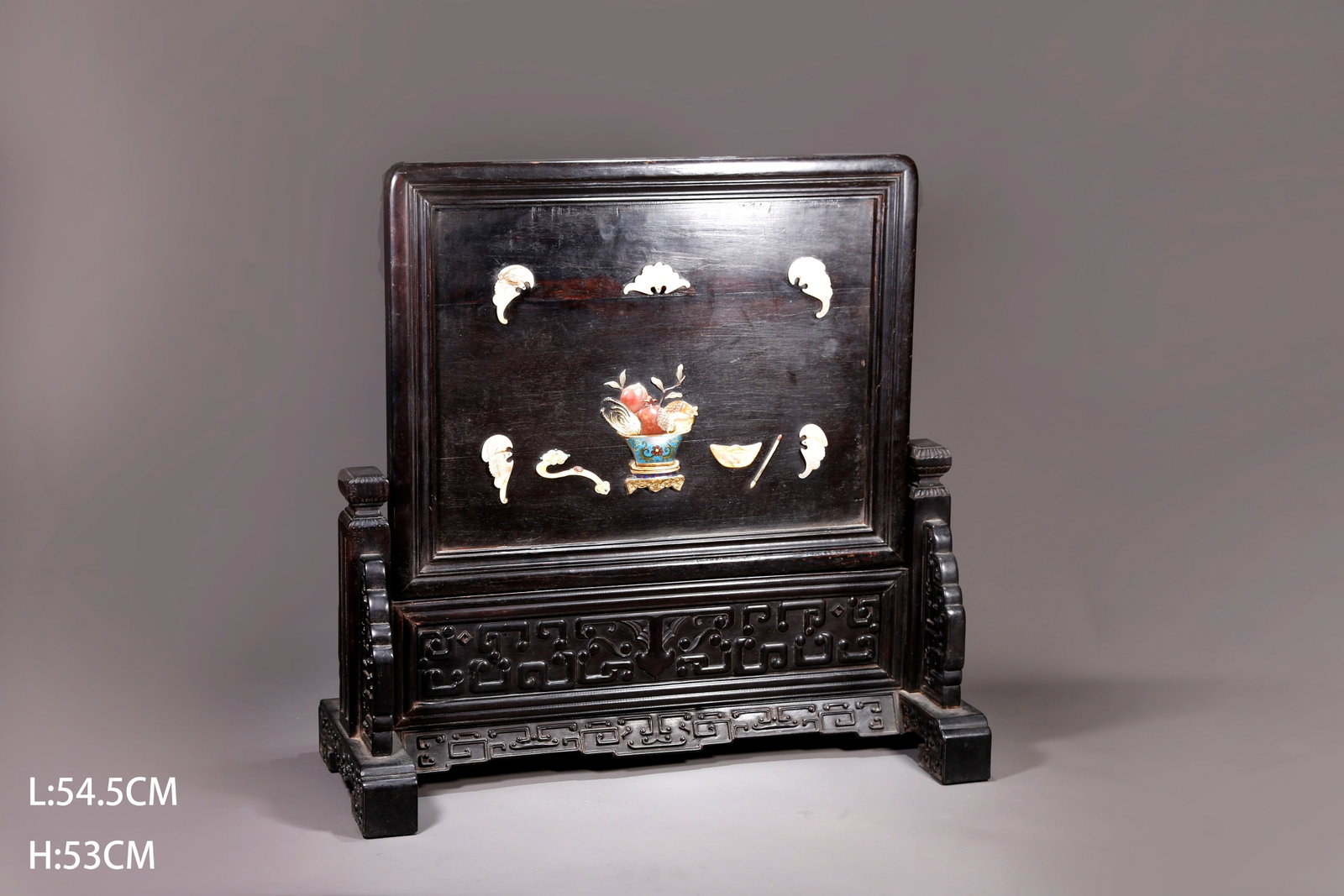 A RED SANDALWOOD PRECIOUS STONE INLAID SCREEN WITH AUSPICIOUS RUYI, FORTUNE AND LONGEVITY PATTERN: Red Sandalwood Precious Stone Inlaid Screen with Auspicious Ruyi, Fortune and Longevity Pattern