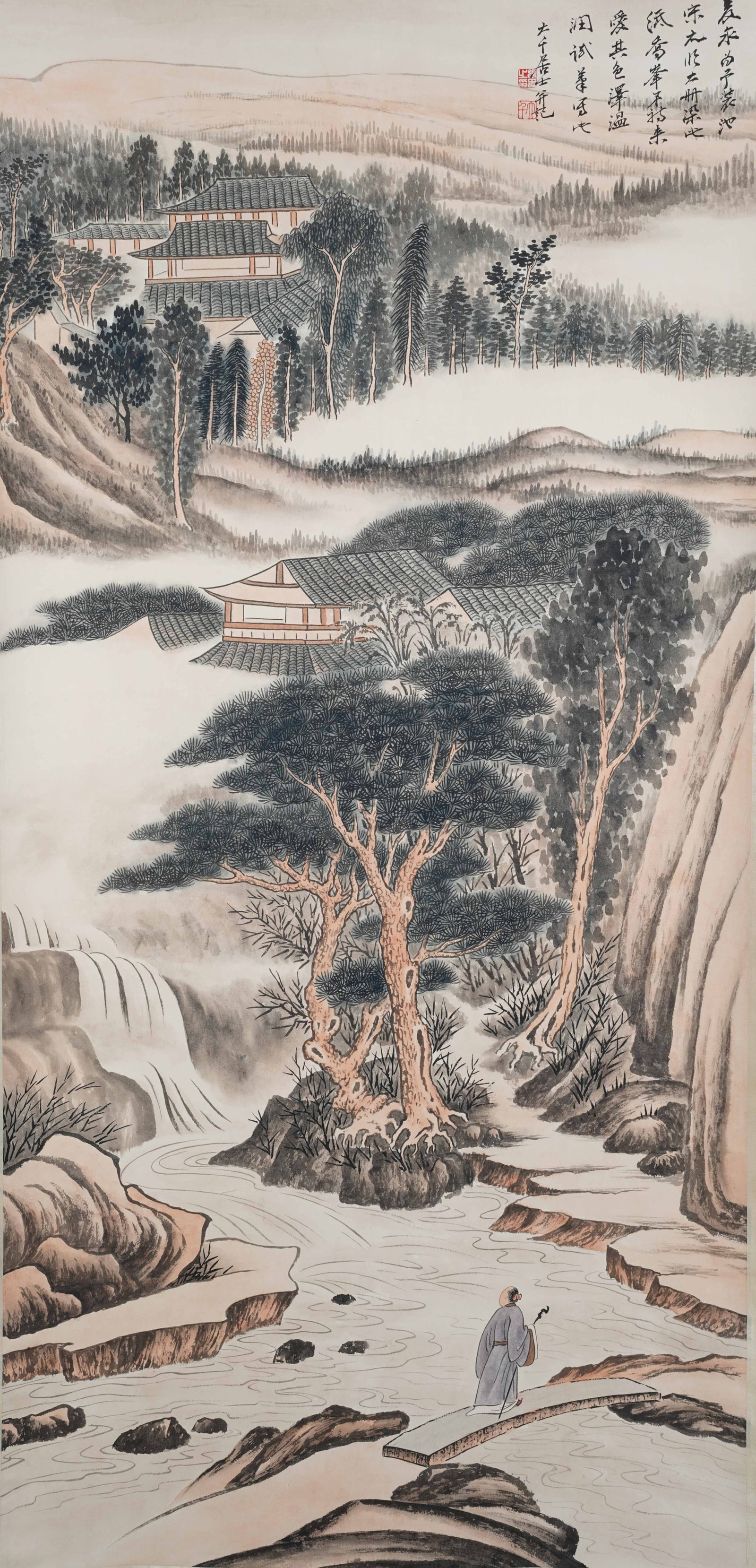 A LANDSCAPE PAINTING ON PAPER BY ZHANG DAQIAN.張大千: Landscape Painting on Paper by Zhang Daqian.張大千