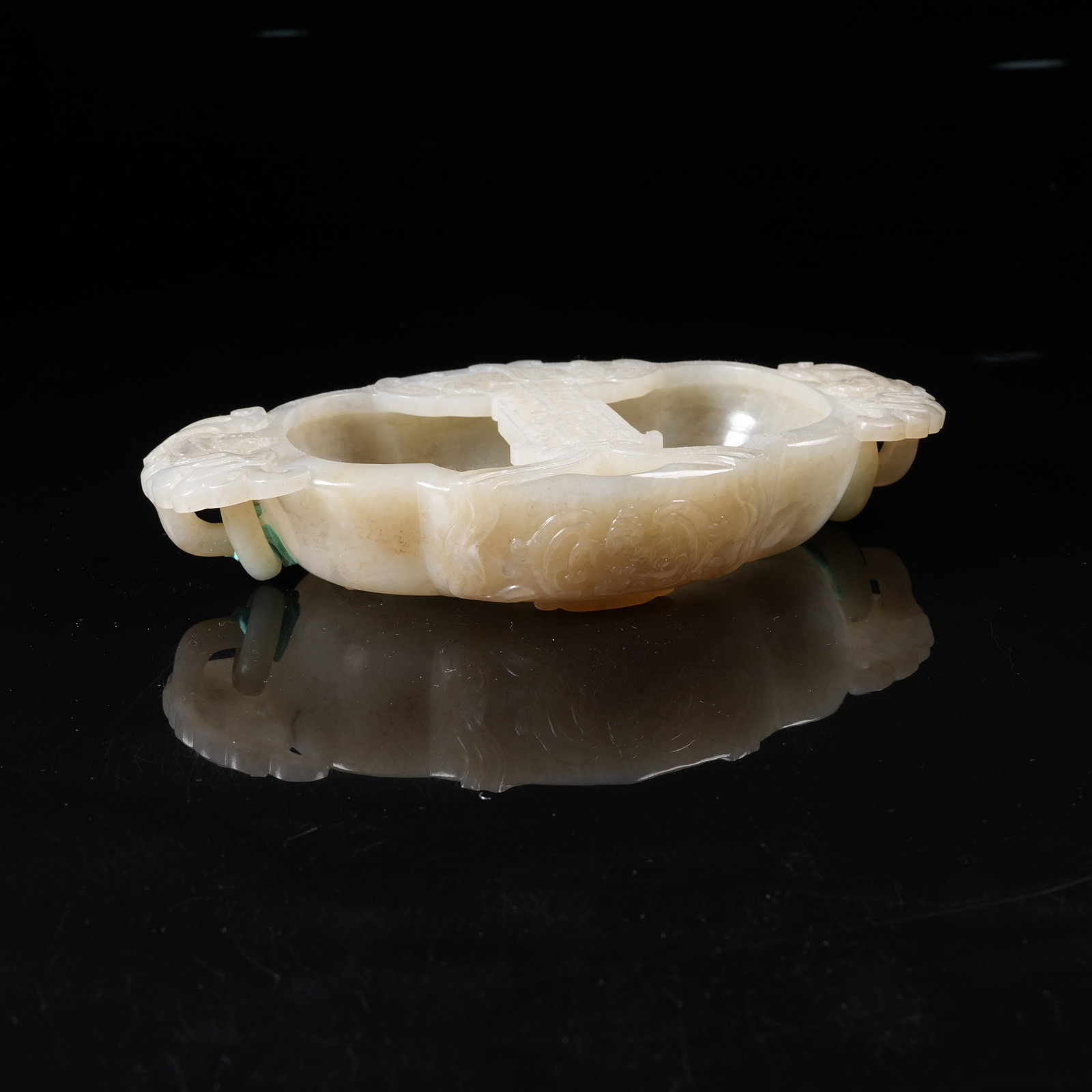 A HETIAN JADE BRUSH WASHER WITH "FU" (BLESSING) MOTIF AND ANIMAL-MASK HANDLES (1 of 10)