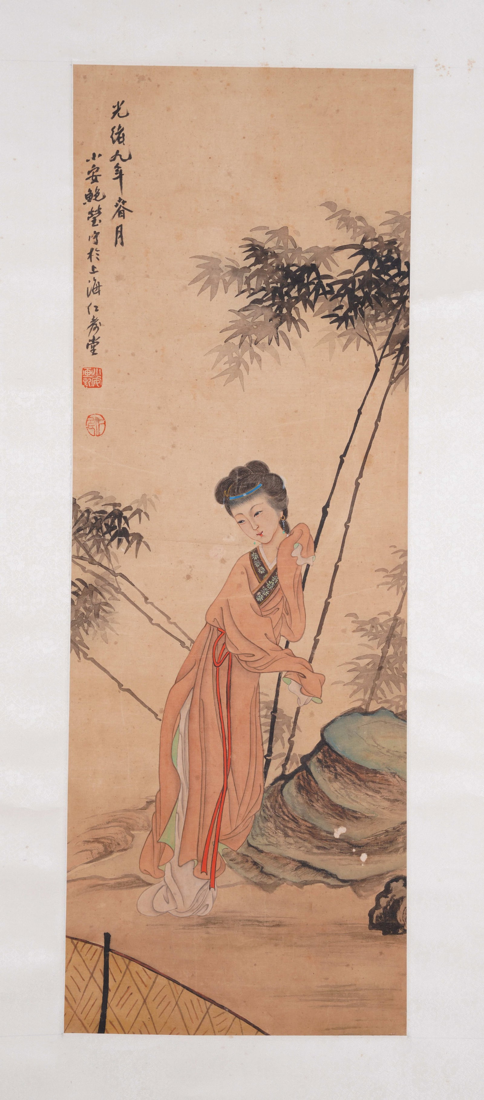 A LADY PAINTING ON SILK BY BAO YING.鮑瑩: Lady Painting on Silk by Bao Ying.鮑瑩