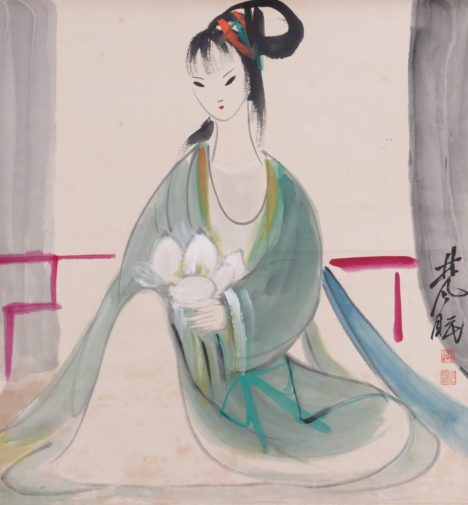 A FIGURE PAINTING ON PAPER BY LIN FENGMIAN.林風眠: Figure Painting on Paper by Lin Fengmian.林風眠