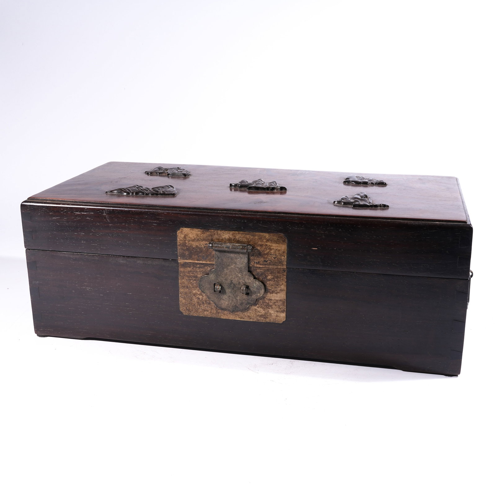 A COVERED BOX WITH RELIEF-CARVED LANDSCAPE IN HUANGHUALI WOOD: Covered Box with Relief-Carved Landscape in Huanghuali Wood