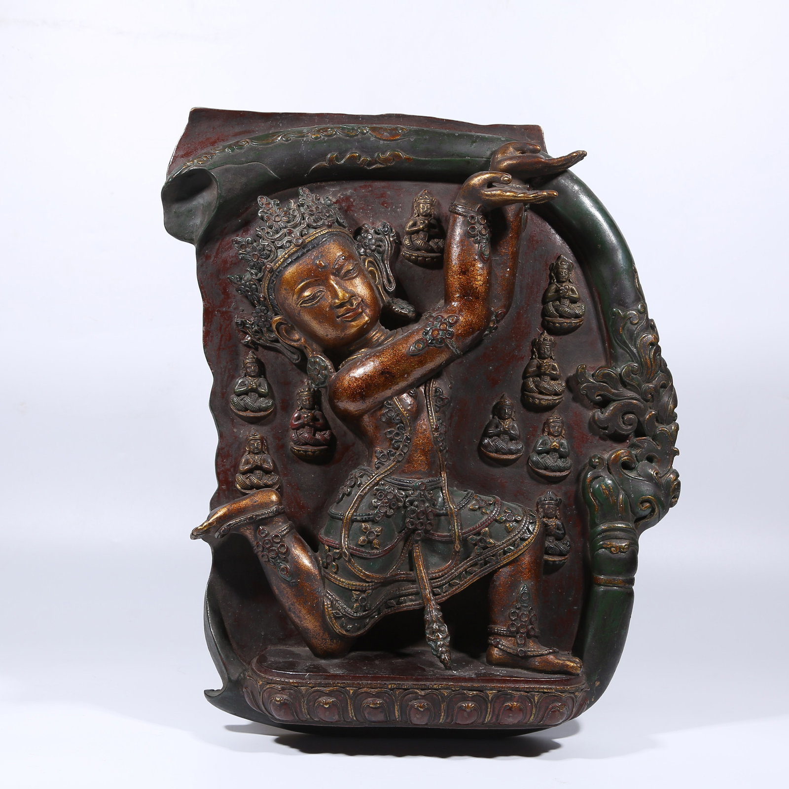 A GILT BRONZE OFFERING BODHISATTVA PLAQUE IN DENSATIL MONASTERY STYLE: Gilt Bronze Offering Bodhisattva Plaque in Densatil Monastery Style