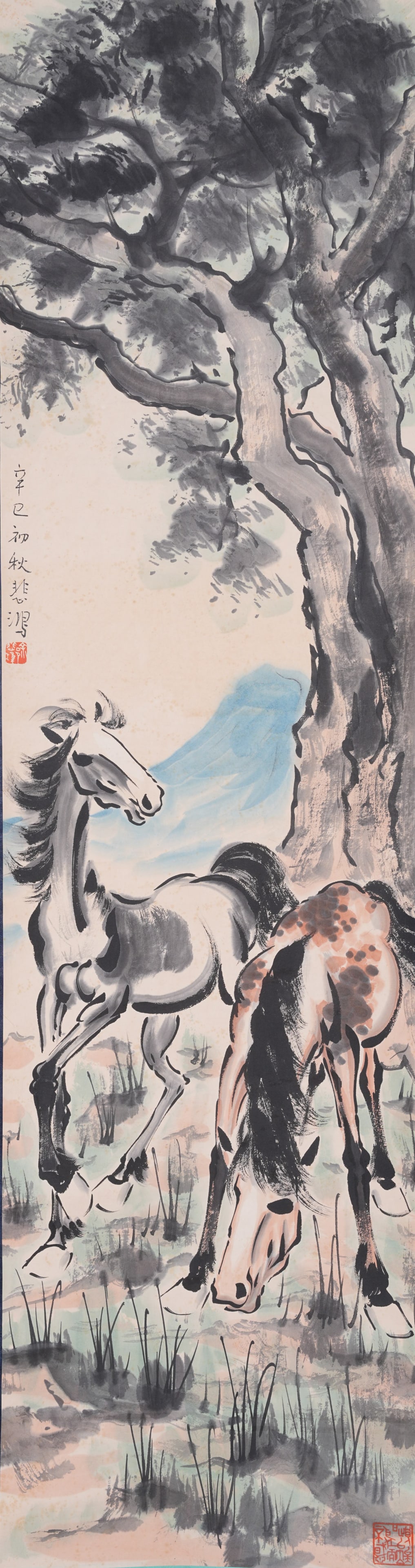 A TWIN HORSES PAINTING ON PAPER BY XU BEIHONG.徐悲鴻 (1 of 9)