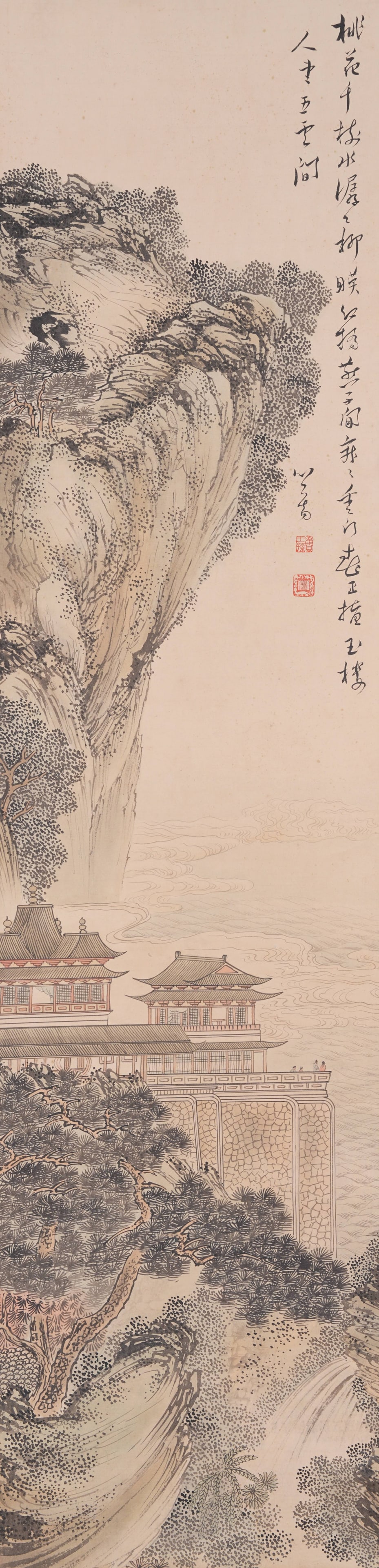 A LANDSCAPE AND PAVILION PAINTING ON PAPER BY PU RU.溥儒: Landscape and Pavilion Painting on Paper by Pu Ru.溥儒