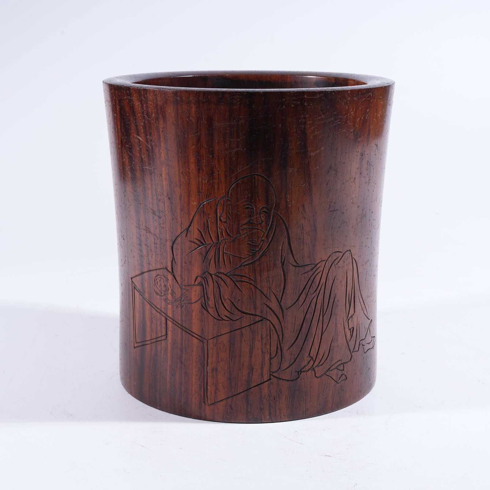 A BRUSH POT WITH ARHAT MOTIF IN HUANGHUALI WOOD (1 of 7)