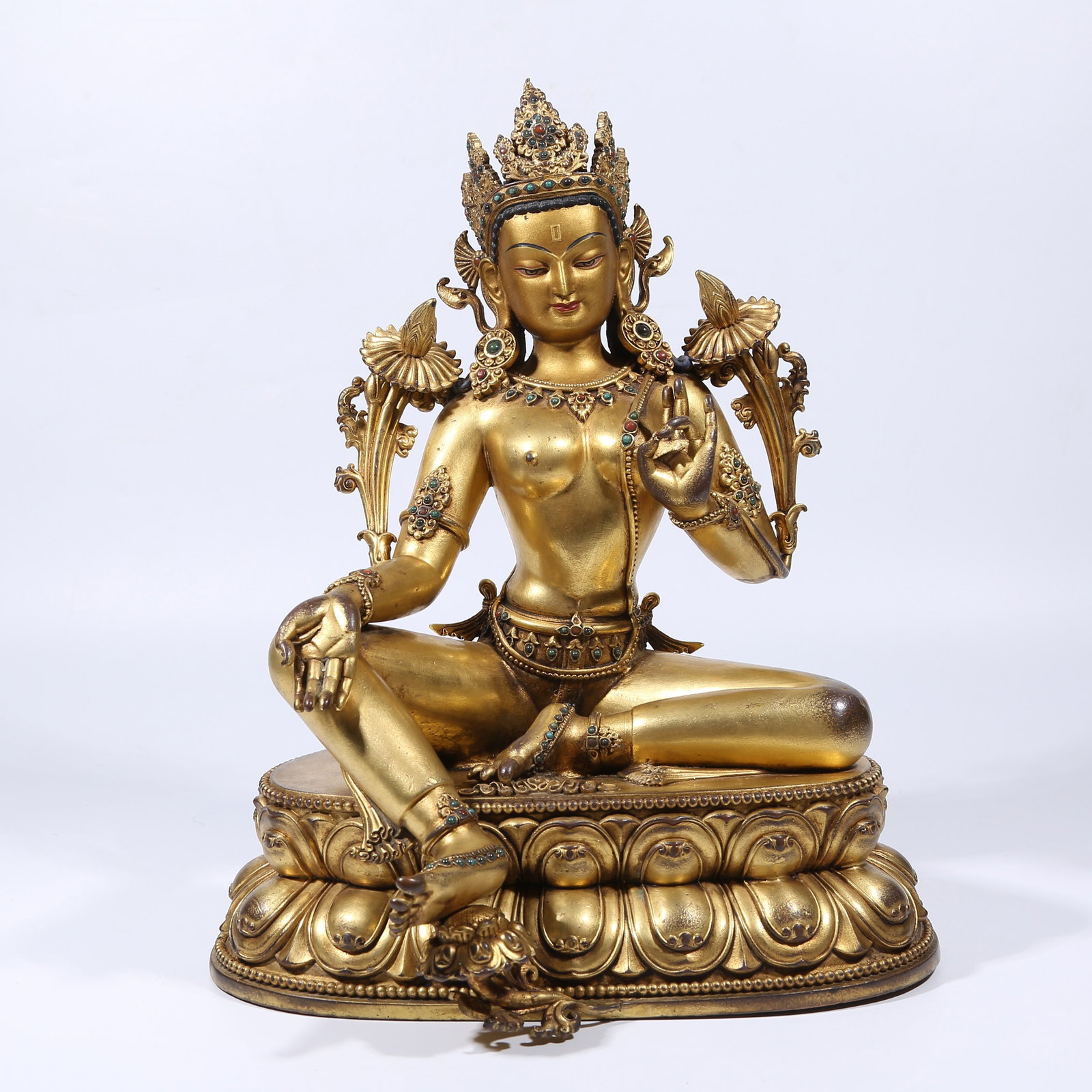 A GILT BRONZE GREEN TARA STATUE: Gilt Bronze Green Tara Statue
