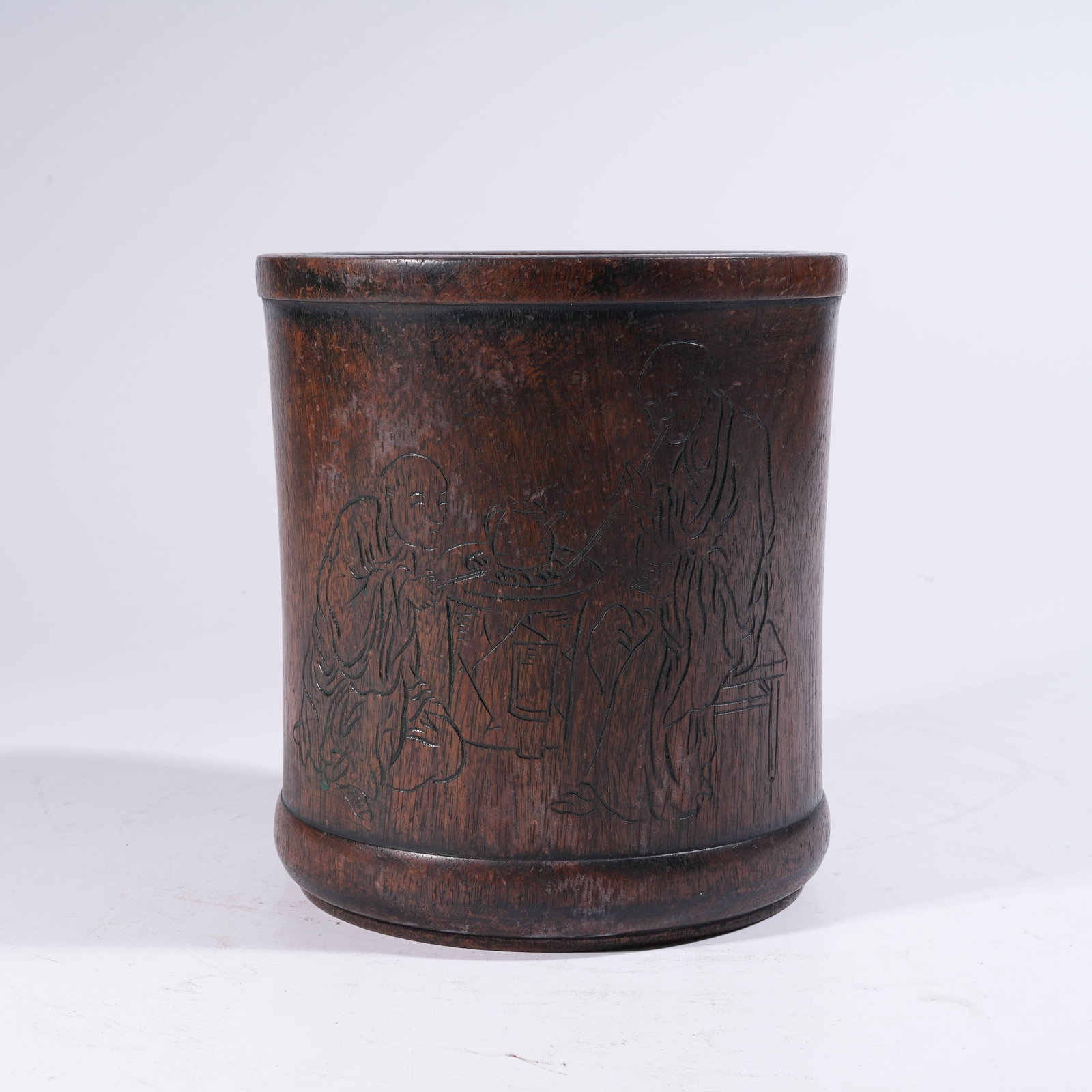 A BRUSH POT IN HUANGHUALI WOOD WITH POLYCHROME ARHAT MOTIF (1 of 9)