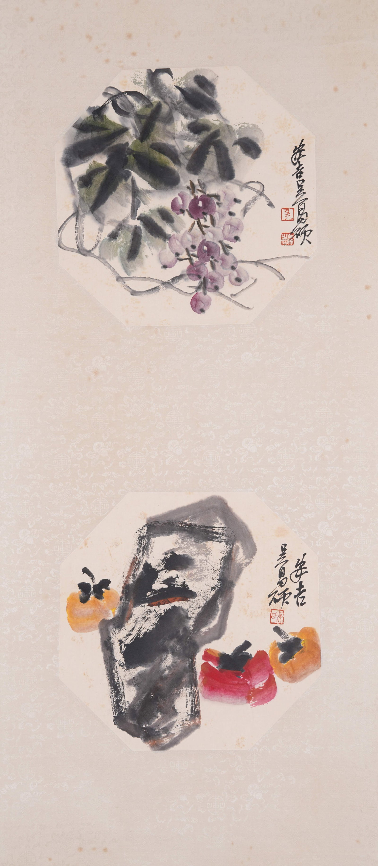 A FRUITS AND MELONS PAINTING ON PAPER BY WU CHANGSHUO.吳昌碩: Fruits and Melons Painting on Paper by Wu Changshuo.吳昌碩