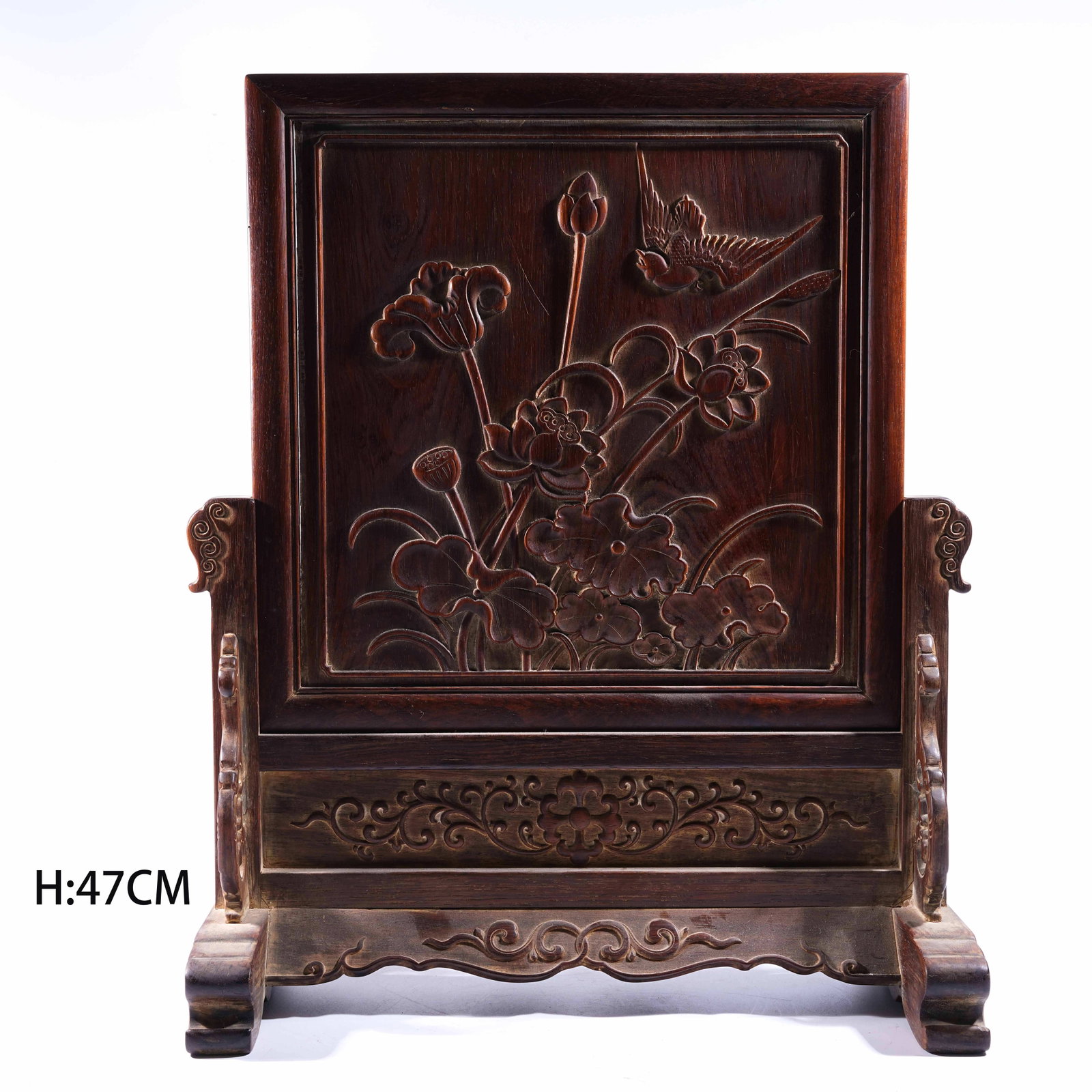 A TABLE SCREEN WITH FLOWER-AND-BIRD MOTIF IN HUANGHUALI WOOD (1 of 8)