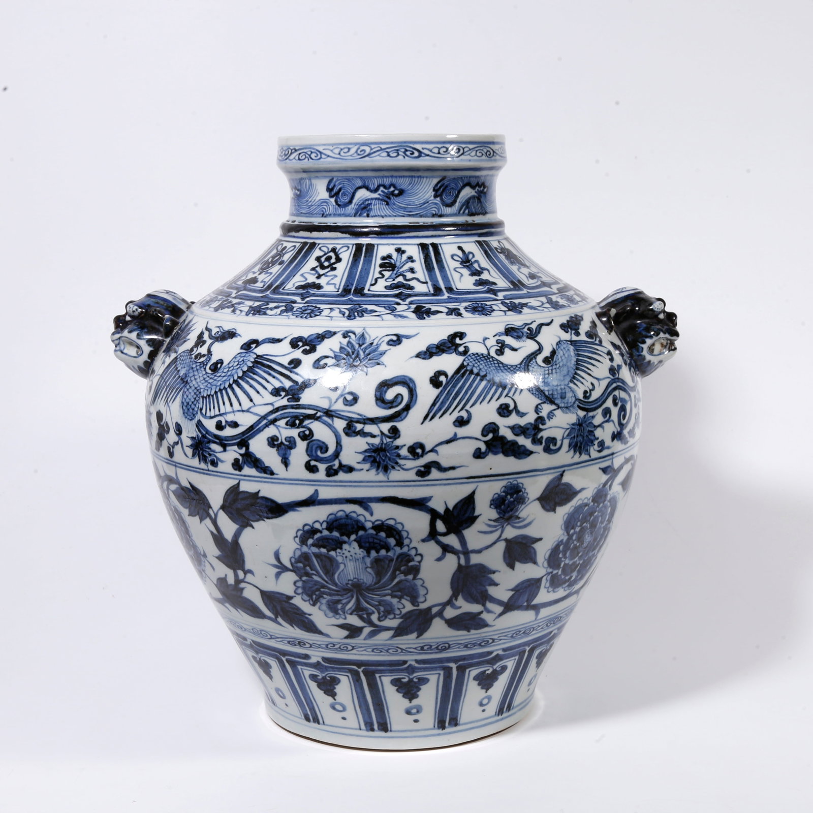 A BLUE AND WHITE ZUN VASE WITH DOUBLE BEAST EARS AND PHOENIX AMIDST FLORAL PATTERN (1 of 9)