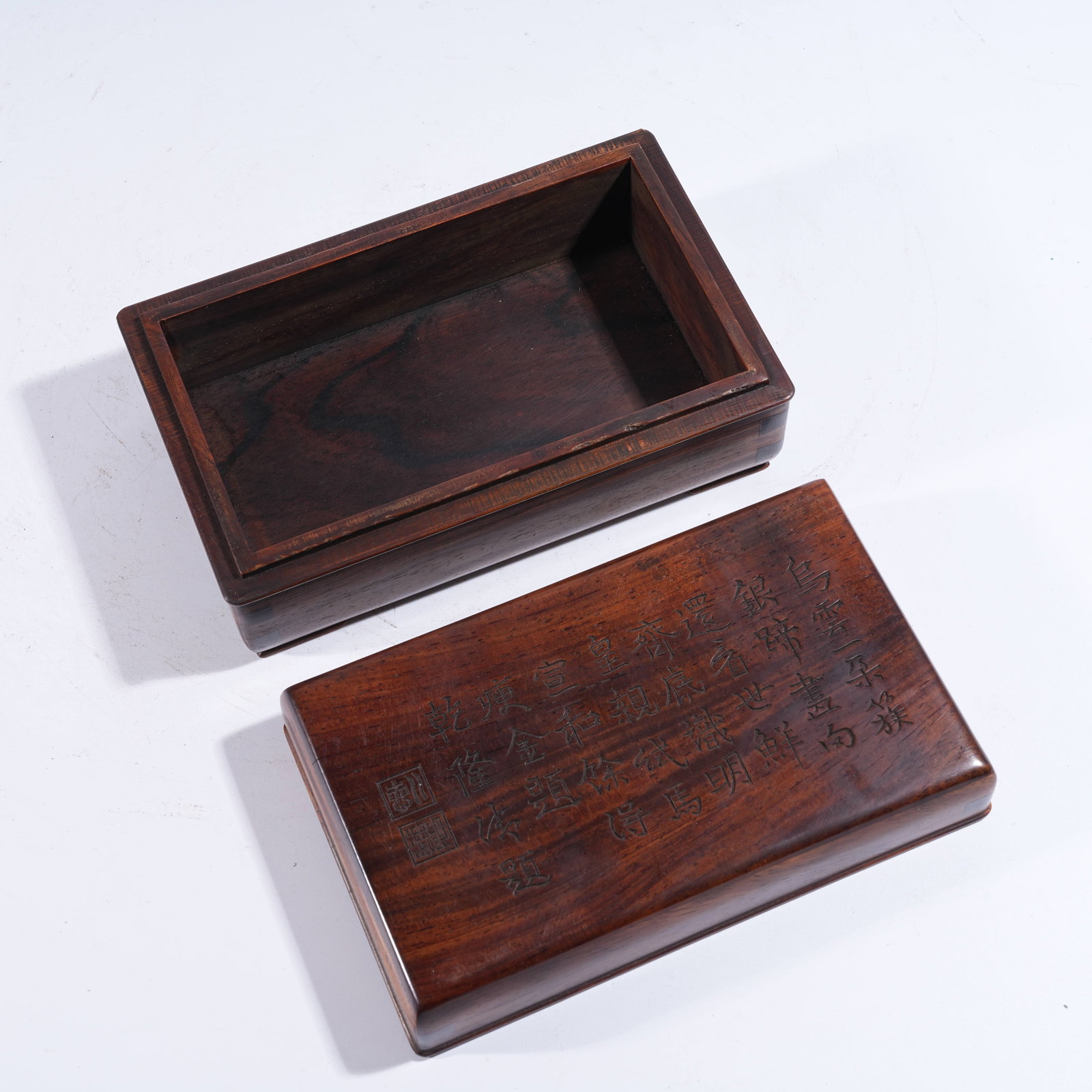 A COVERED BOX WITH IMPERIAL INSCRIPTION IN HUANGHUALI WOOD (1 of 8)