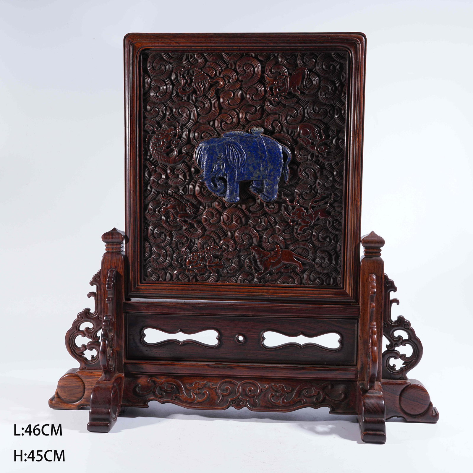 A TABLE SCREEN IN HUANGHUALI WOOD INLAID WITH LAPIS LAZULI, DECORATED WITH "ELEPHANT BEARING PEACE" (1 of 8)