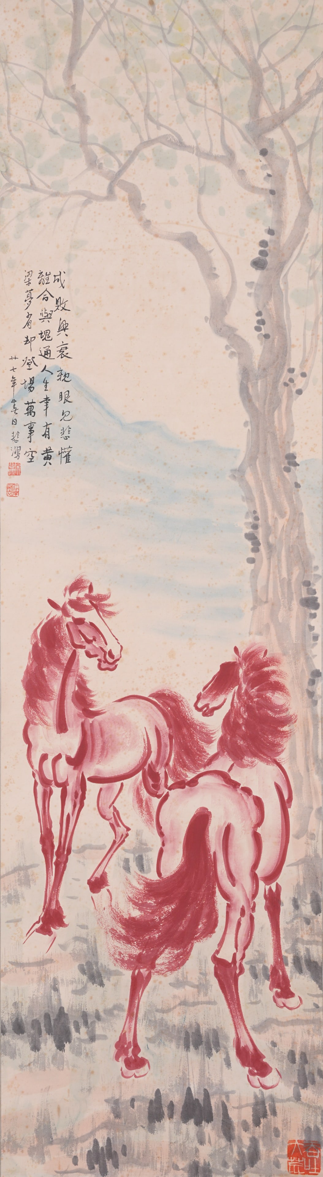 A TWIN HORSES PAINTING ON PAPER BY XU BEIHONG.徐悲鴻 (1 of 10)