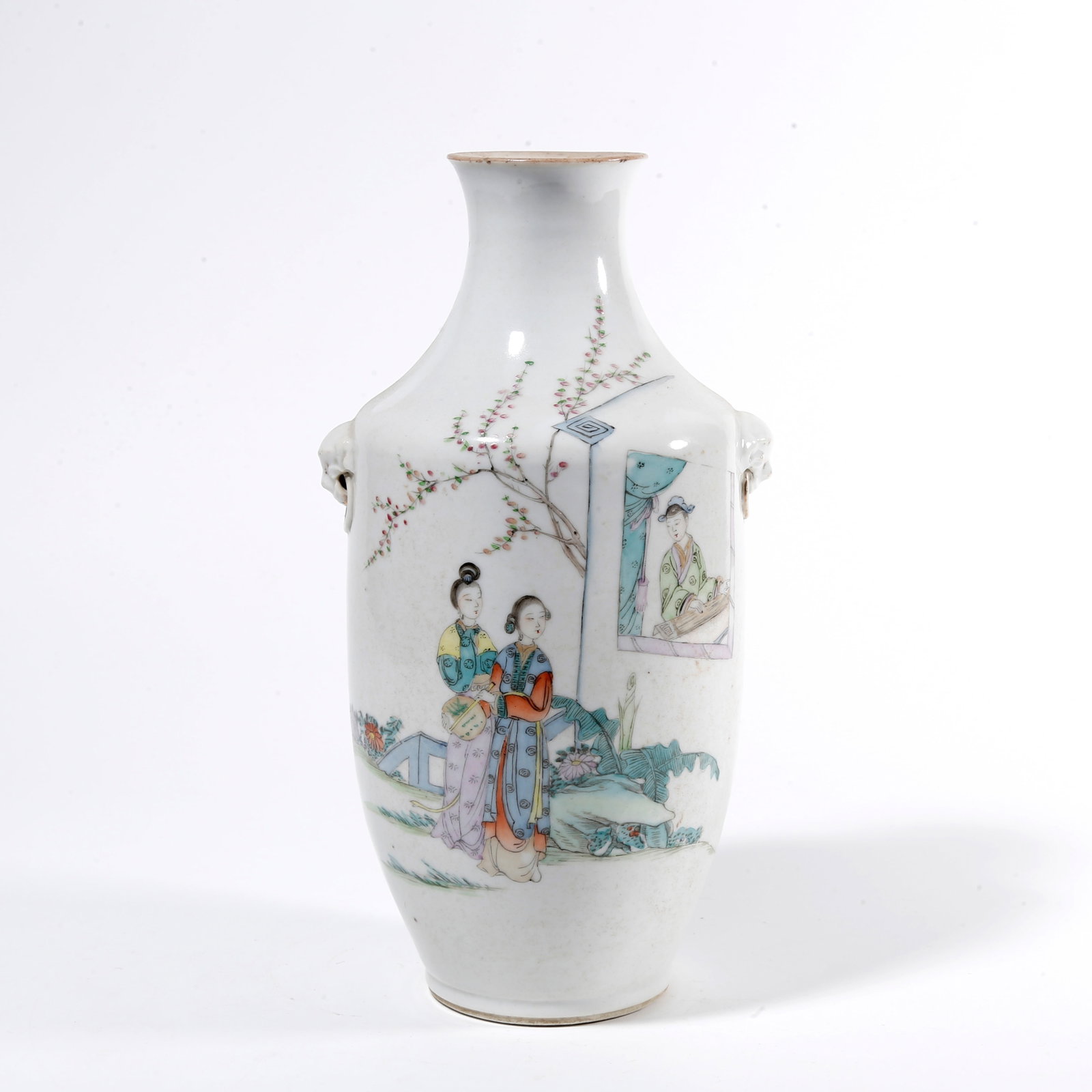 A FAMILLE ROSE DOUBLE BEAST-EAR VASE WITH FIGURE STORY PATTERN (1 of 9)
