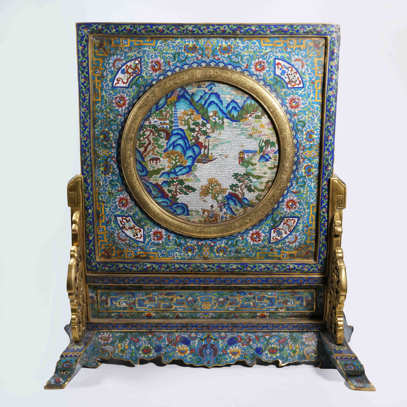 A CLOISONNÉ TABLE SCREEN WITH FIGURE PATTERN - 9