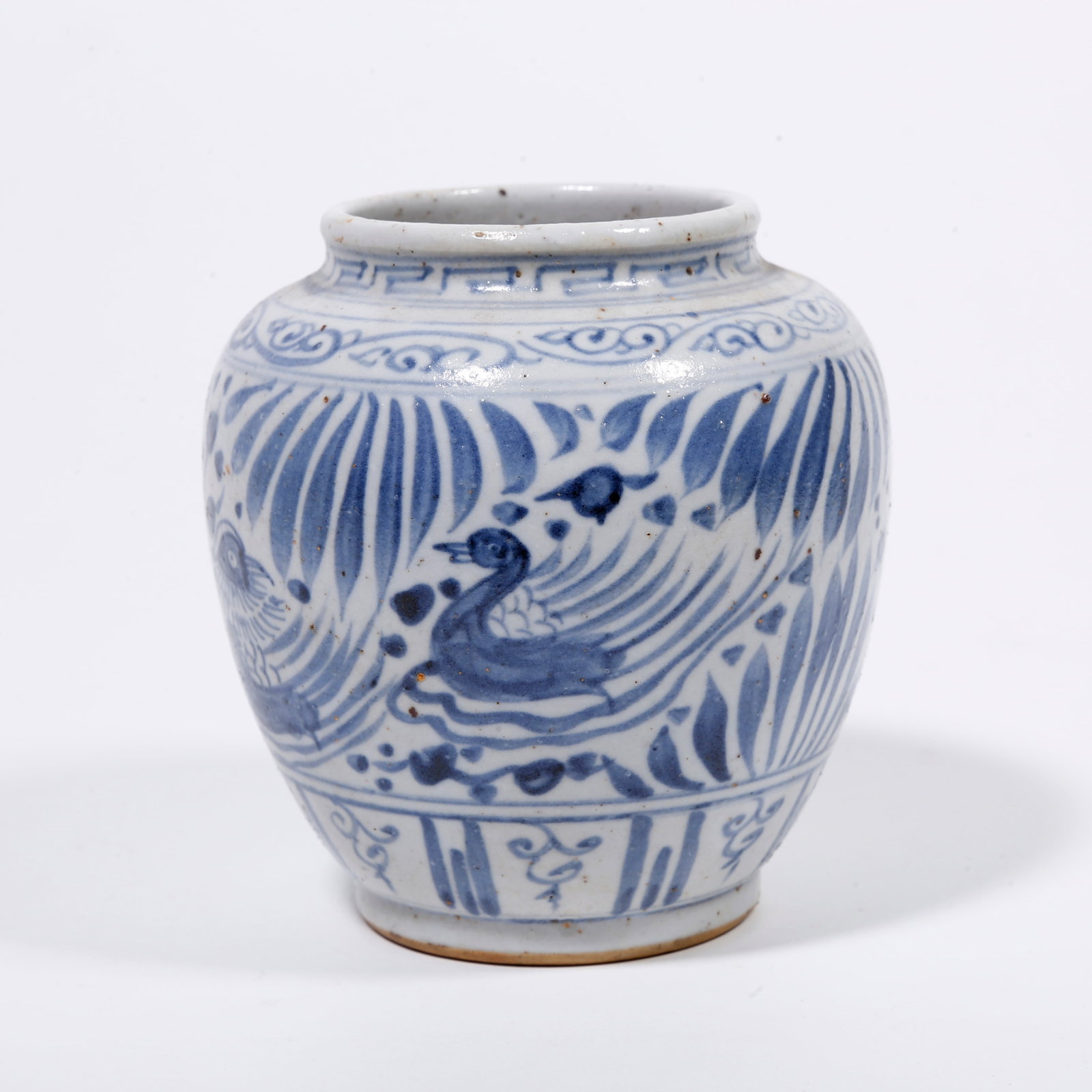 A BLUE AND WHITE JAR WITH DUCK PATTERN (1 of 10)