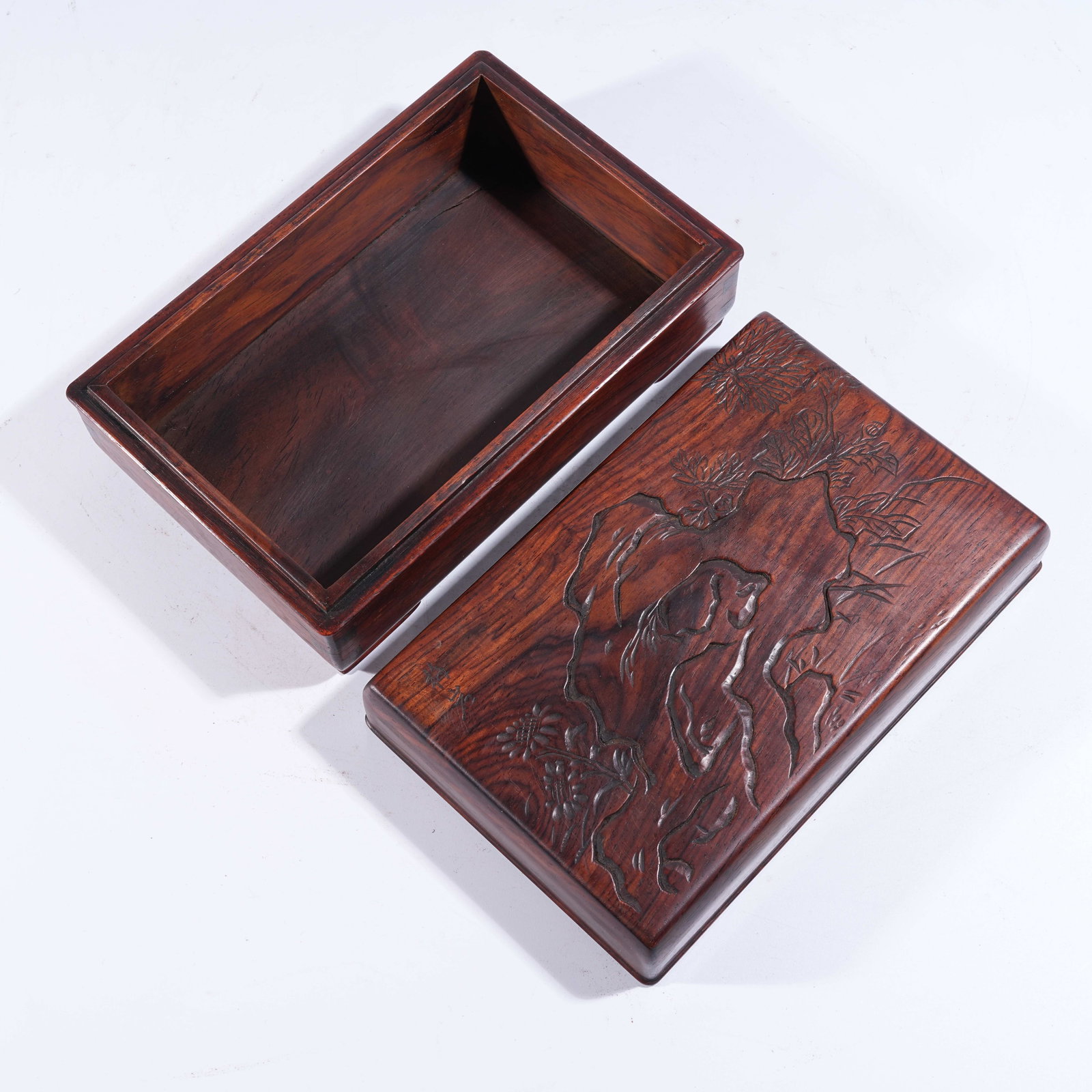 A COVERED BOX WITH SCHOLAR’S ROCKS AND FLORAL MOTIFS IN HUANGHUALI WOOD (1 of 9)