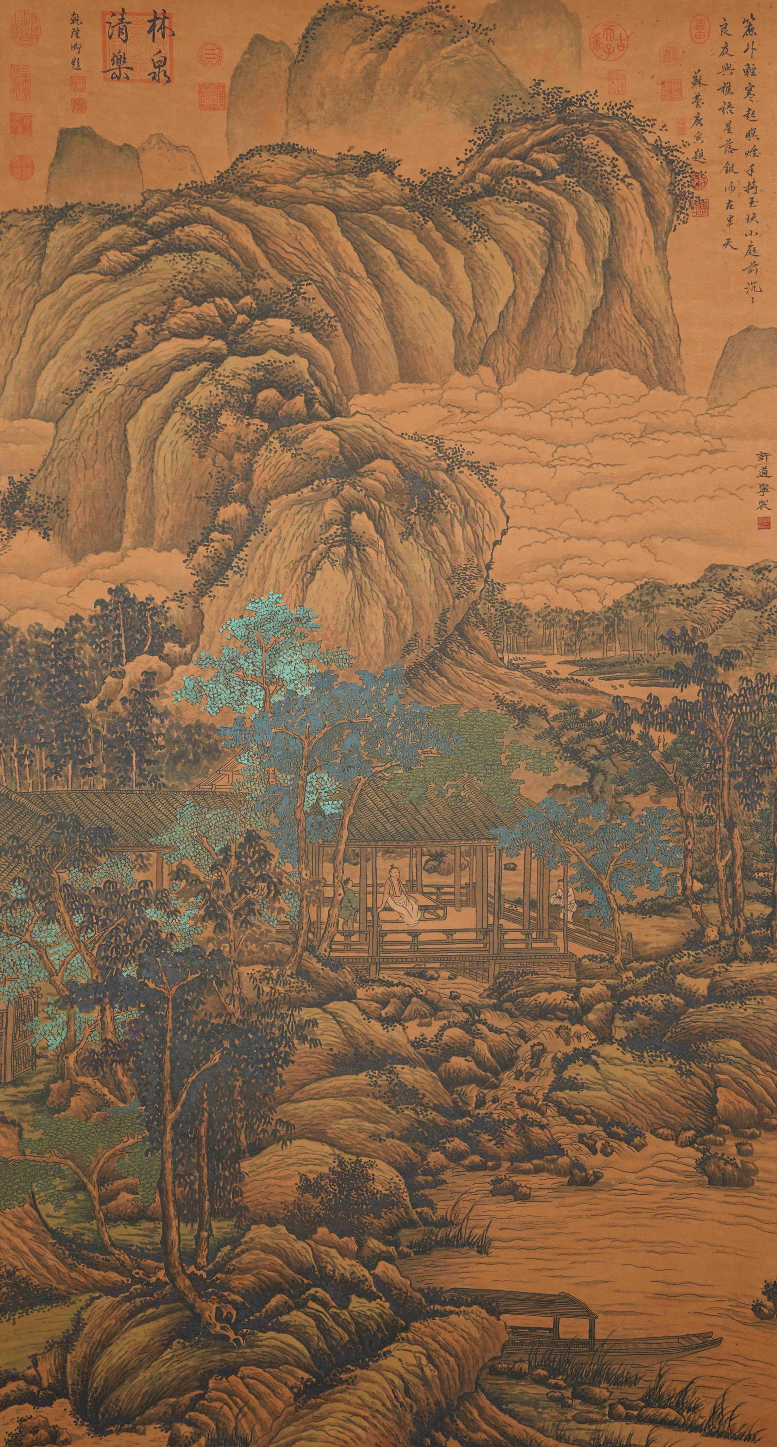 A FOREST SPRINGS AND SERENE JOY PAINTING ON SILK BY XU DAONING.許道寧: Forest Springs and Serene Joy Painting on Silk by Xu Daoning.許道寧