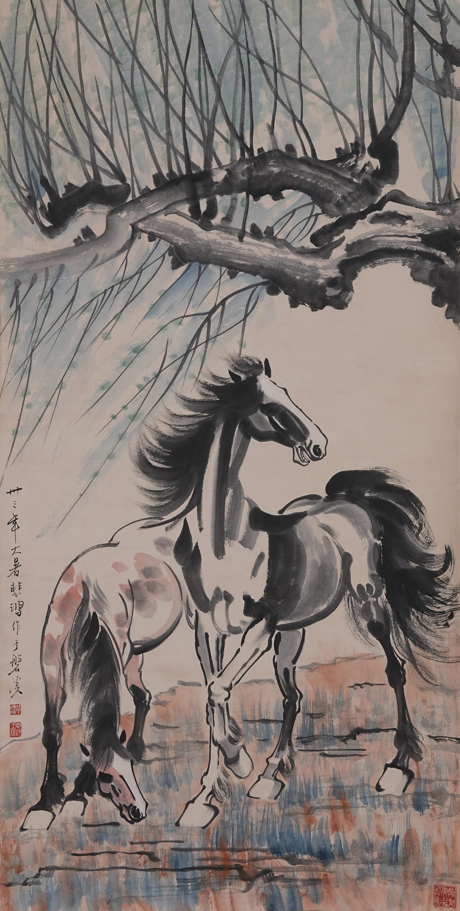 A TWIN HORSES PAINTING ON PAPER BY XU BEIHONG.徐悲鴻 (1 of 9)