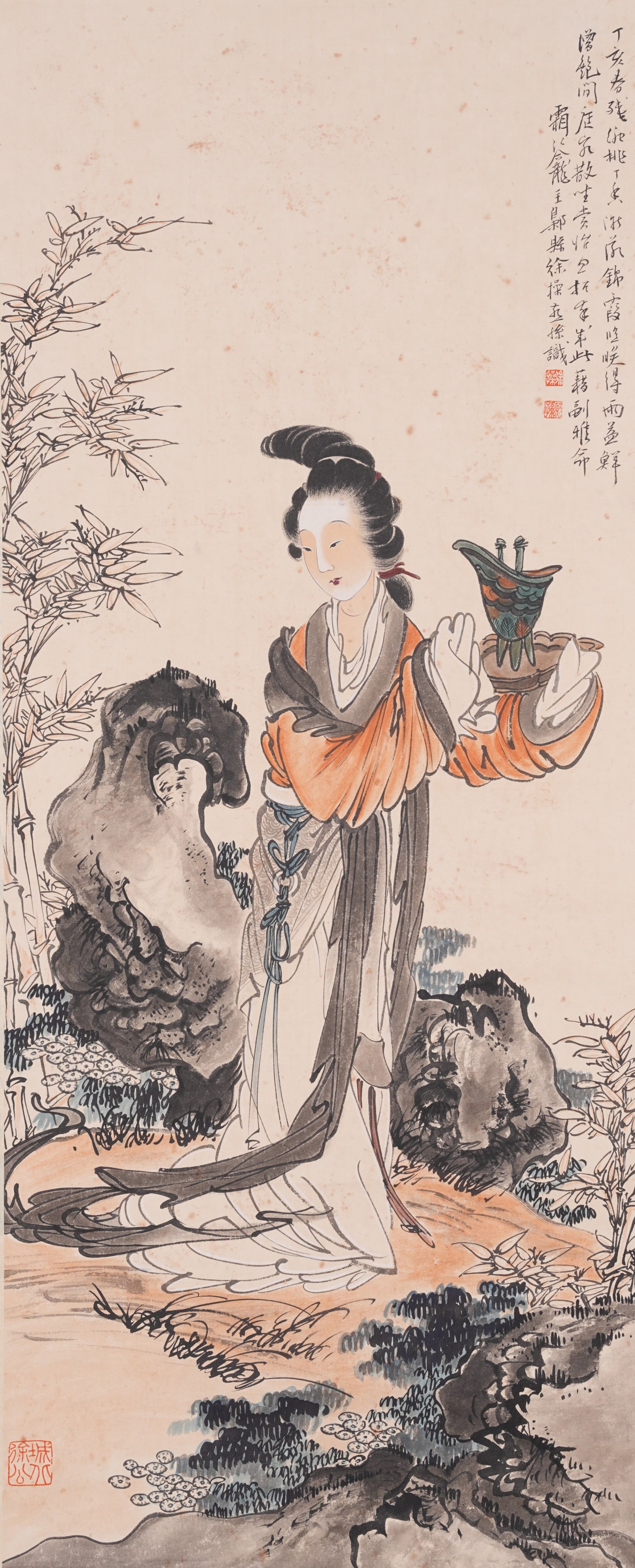 A LADY PAINTING ON PAPER BY XU CAO.徐操: Lady Painting on Paper by Xu Cao.徐操