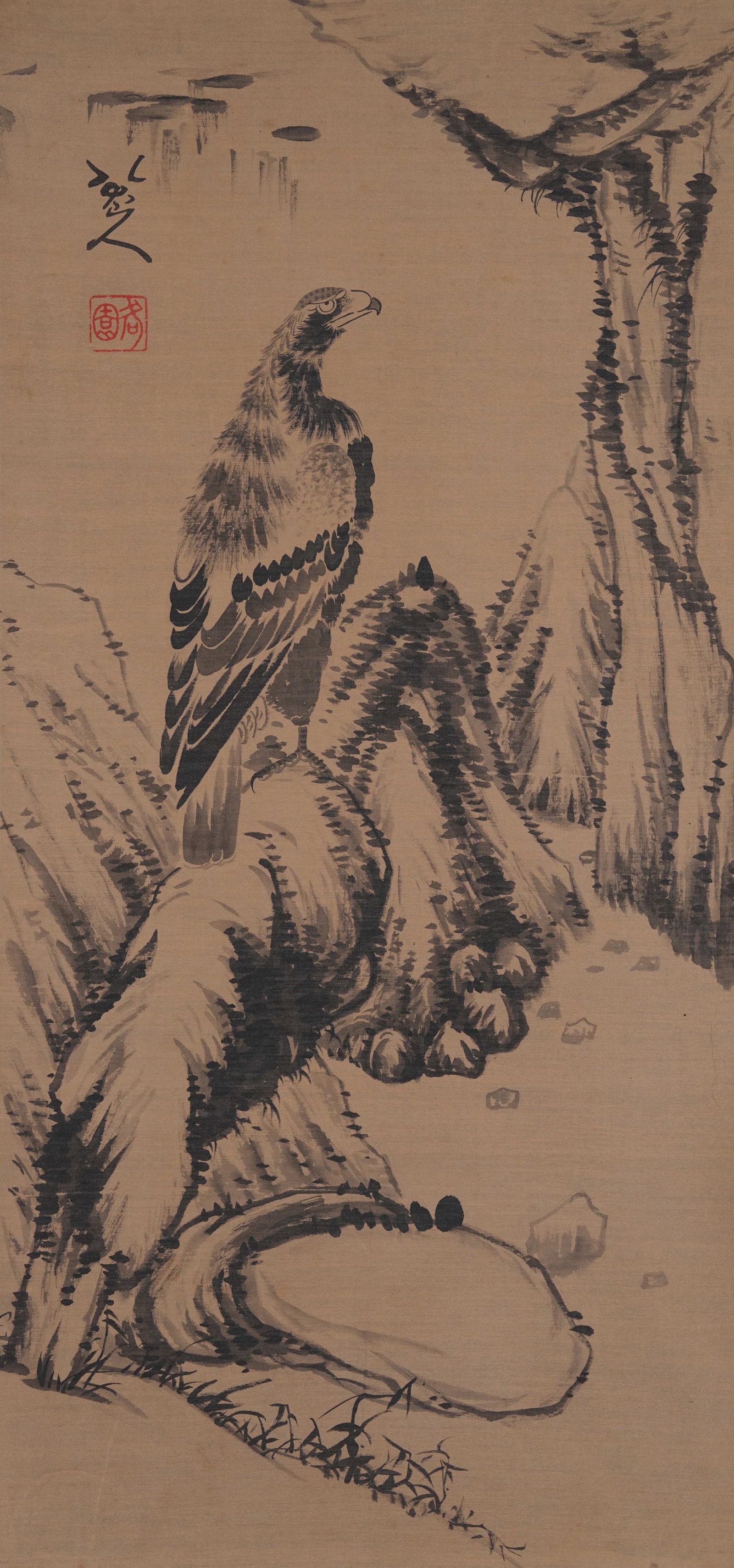 A EAGLE PAINTING ON SILK BY BADA SHANREN.八大山人: Eagle Painting on Silk by Bada Shanren.八大山人