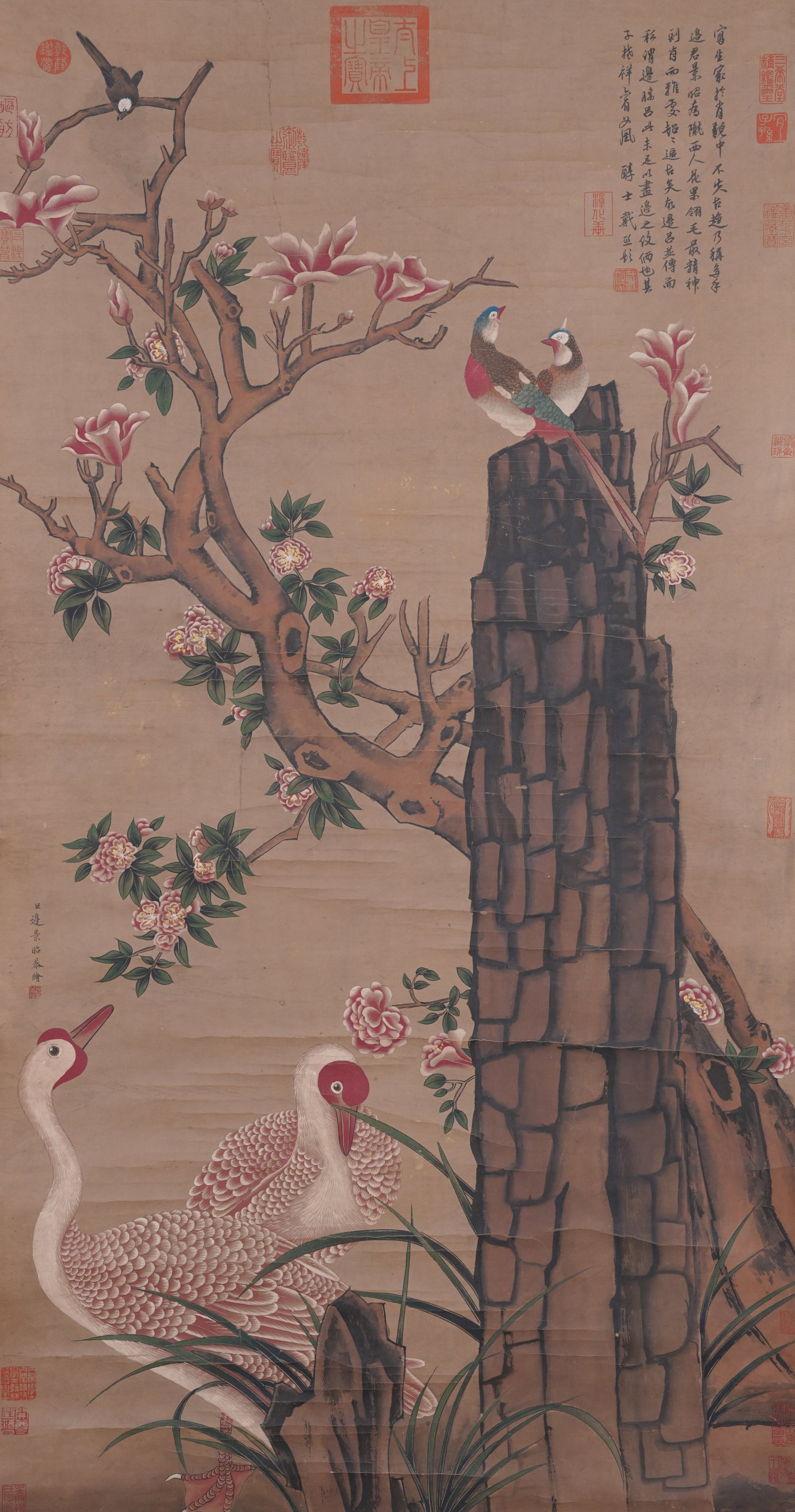 A FLOWER AND BIRD PAINTING ON PAPER BY BIAN JINGZHAO.邊景昭: Flower and Bird Painting on Paper by Bian Jingzhao.邊景昭