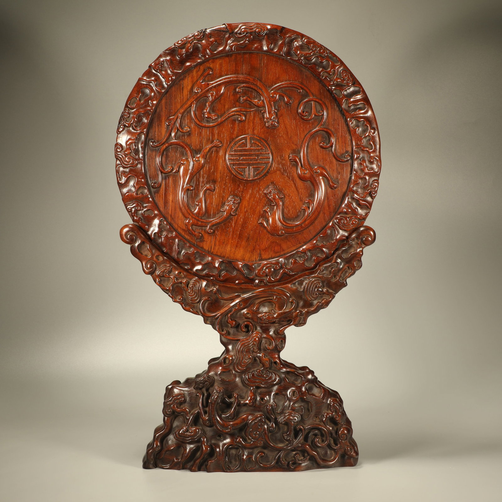 A HUANGHUALI TABLE SCREEN CARVED WITH CHILONG PATTERN AND INSCRIPTIONS (1 of 8)
