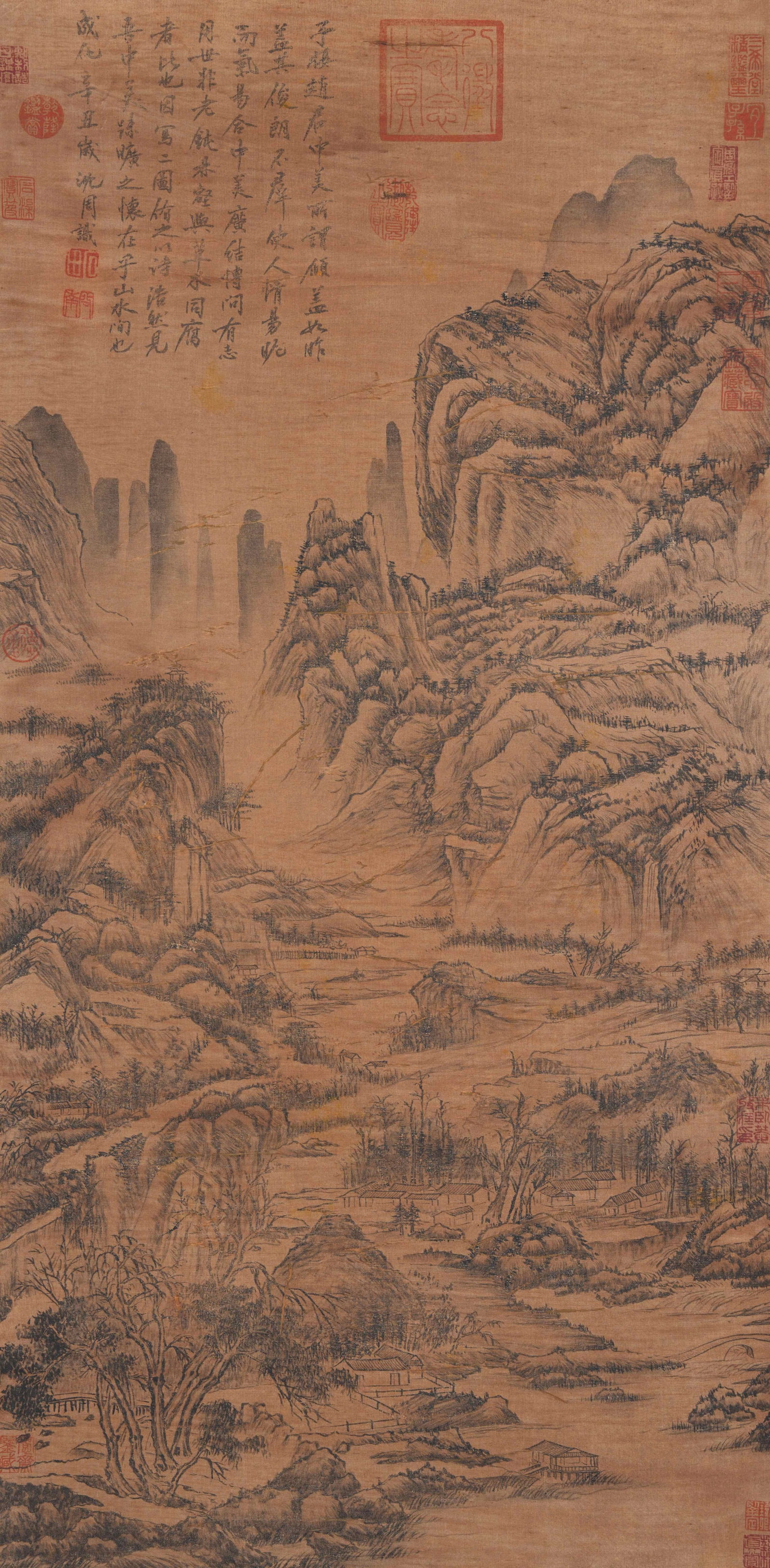 A LANDSCAPE PAINTING ON SILK BY SHEN ZHOU.沈周: Landscape Painting on Silk by Shen Zhou.沈周