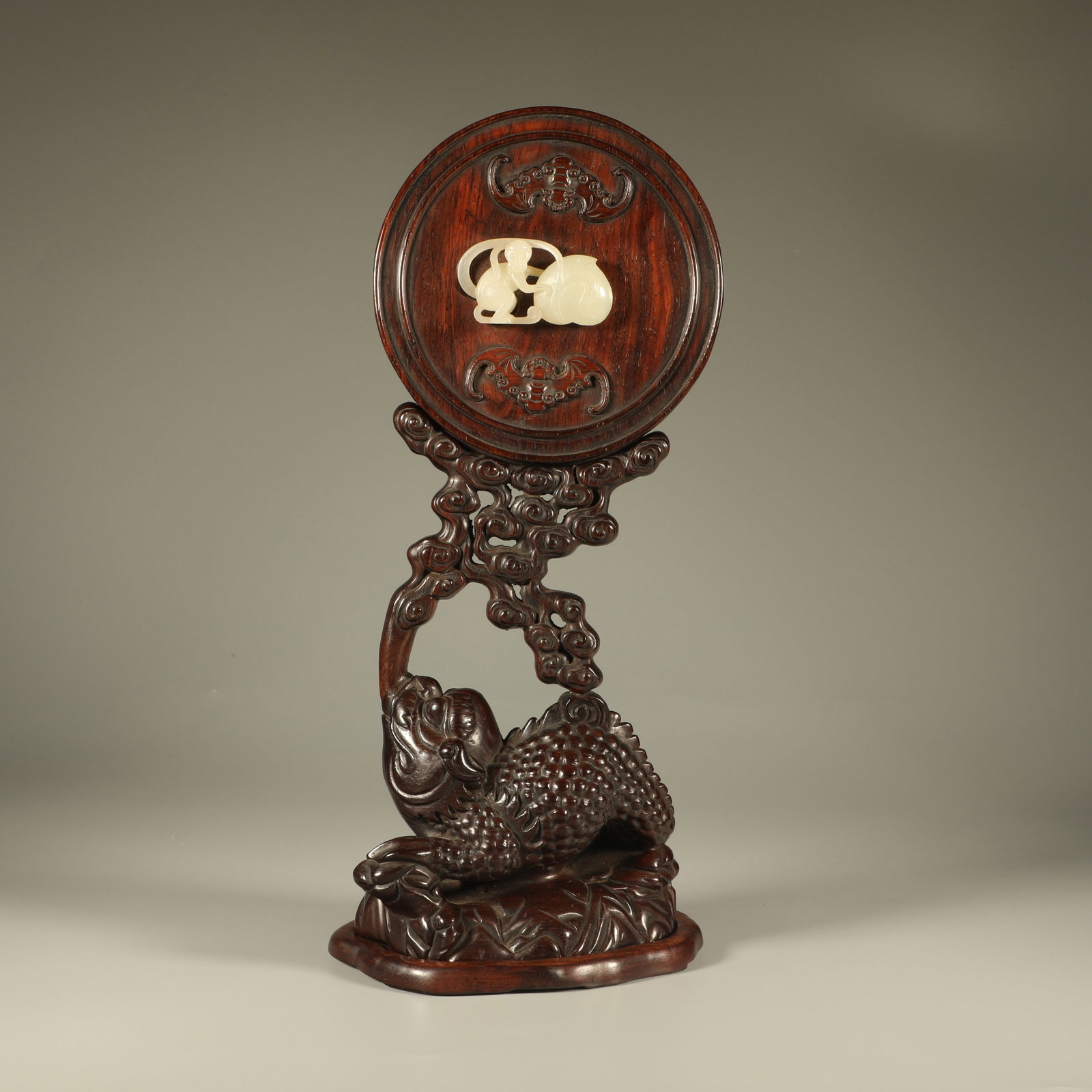 A HUANGHUALI ORNAMENT WITH GOLDEN TOAD CARVING AND JADE MONKEY LONGEVITY DECORATION (1 of 8)