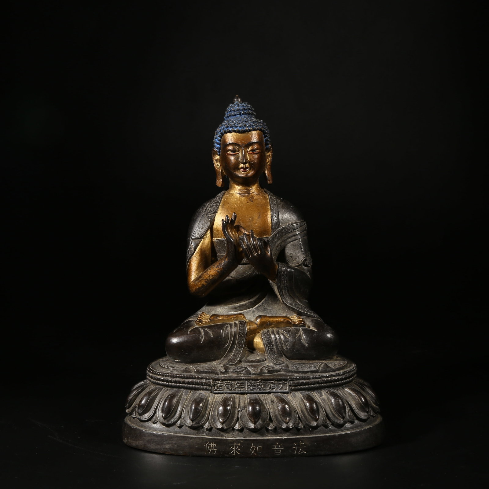 A BRONZE MUD-GILDED STATUE OF DHARMADHVANI TATHAGATA (1 of 8)
